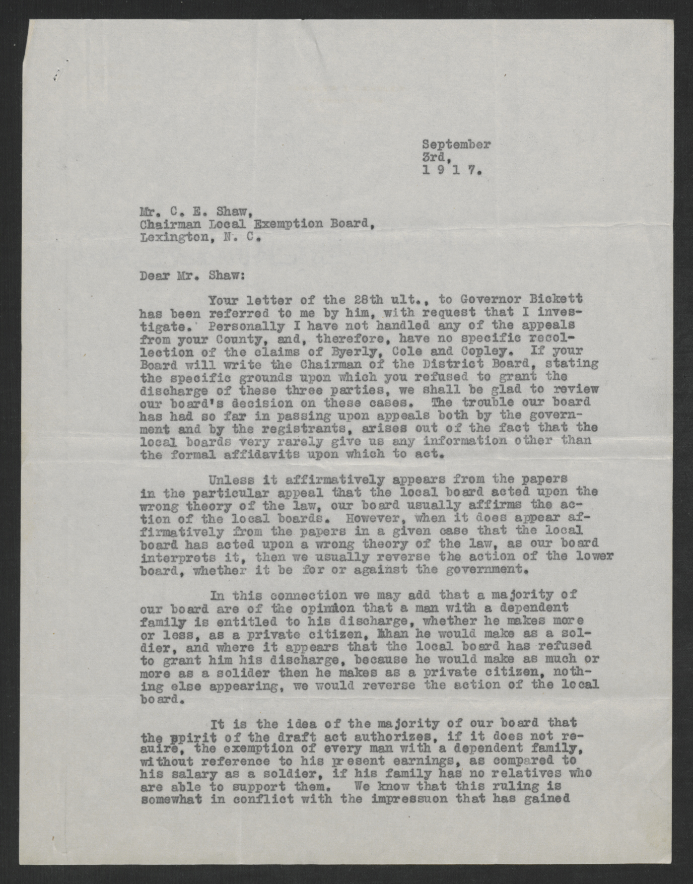 Letter from Edwin T. Cansler to Christopher C. Shaw, September 3, 1917, page 1