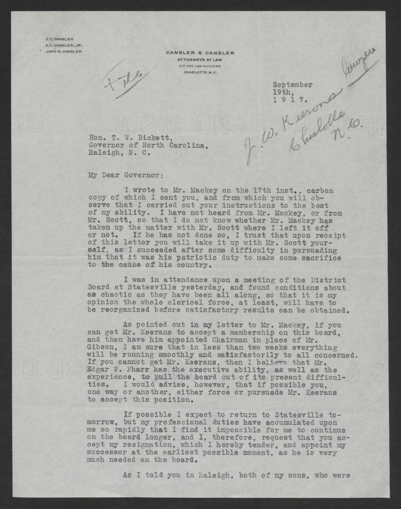 Letter from Edwin T. Cansler to Thomas W. Bickett, September 19, 1917, page 1