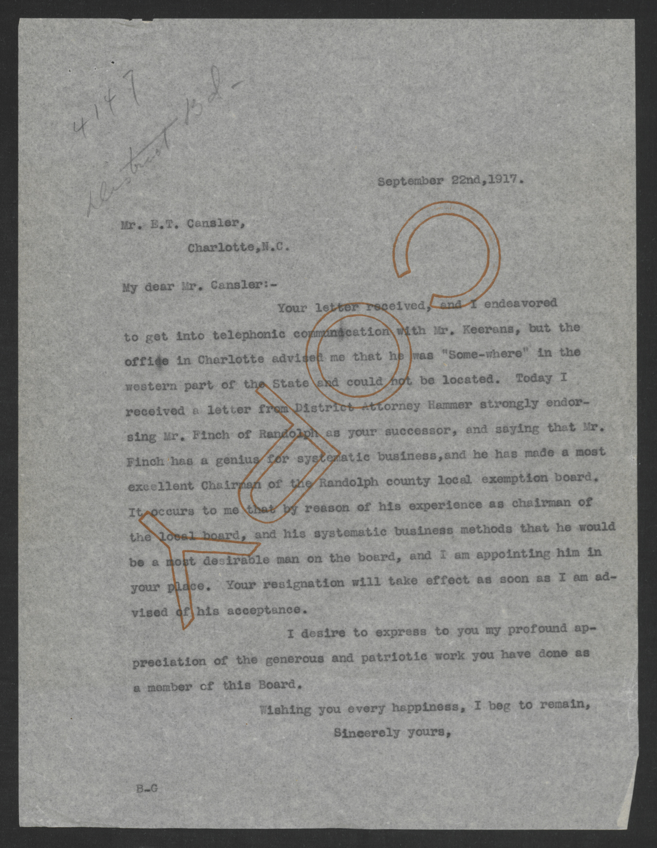 Letter from Thomas W. Bickett to Edwin T. Cansler, September 22, 1917