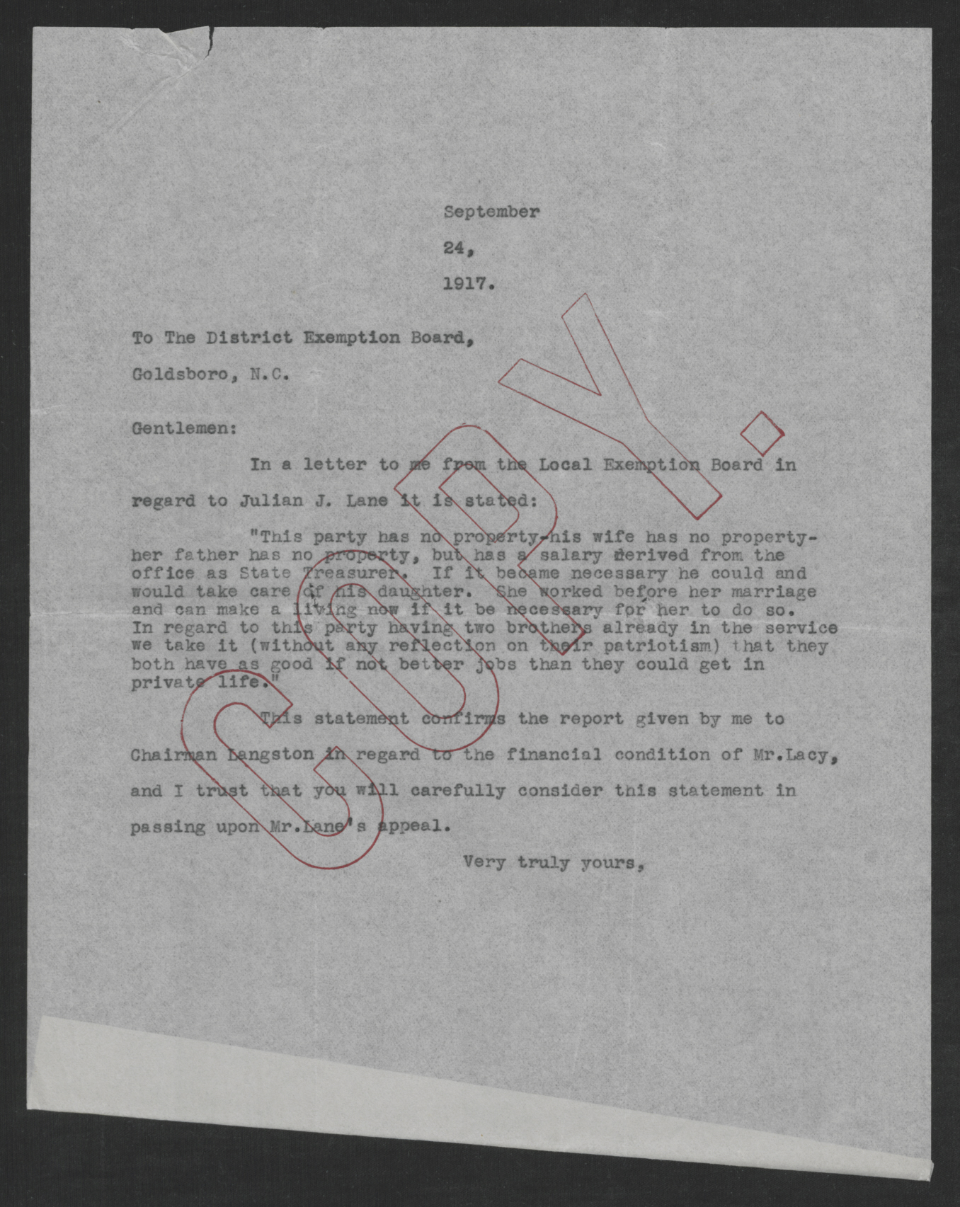 Letter from Unknown to the District Exemption Board, September 24, 1917