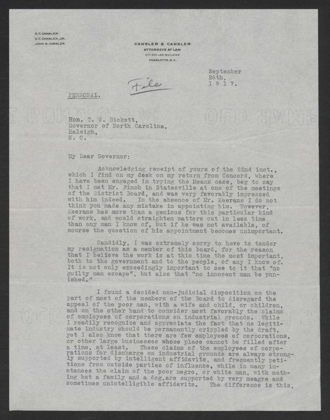 Letter from Edwin T. Cansler to Thomas W. Bickett, September 26, 1917, page 1