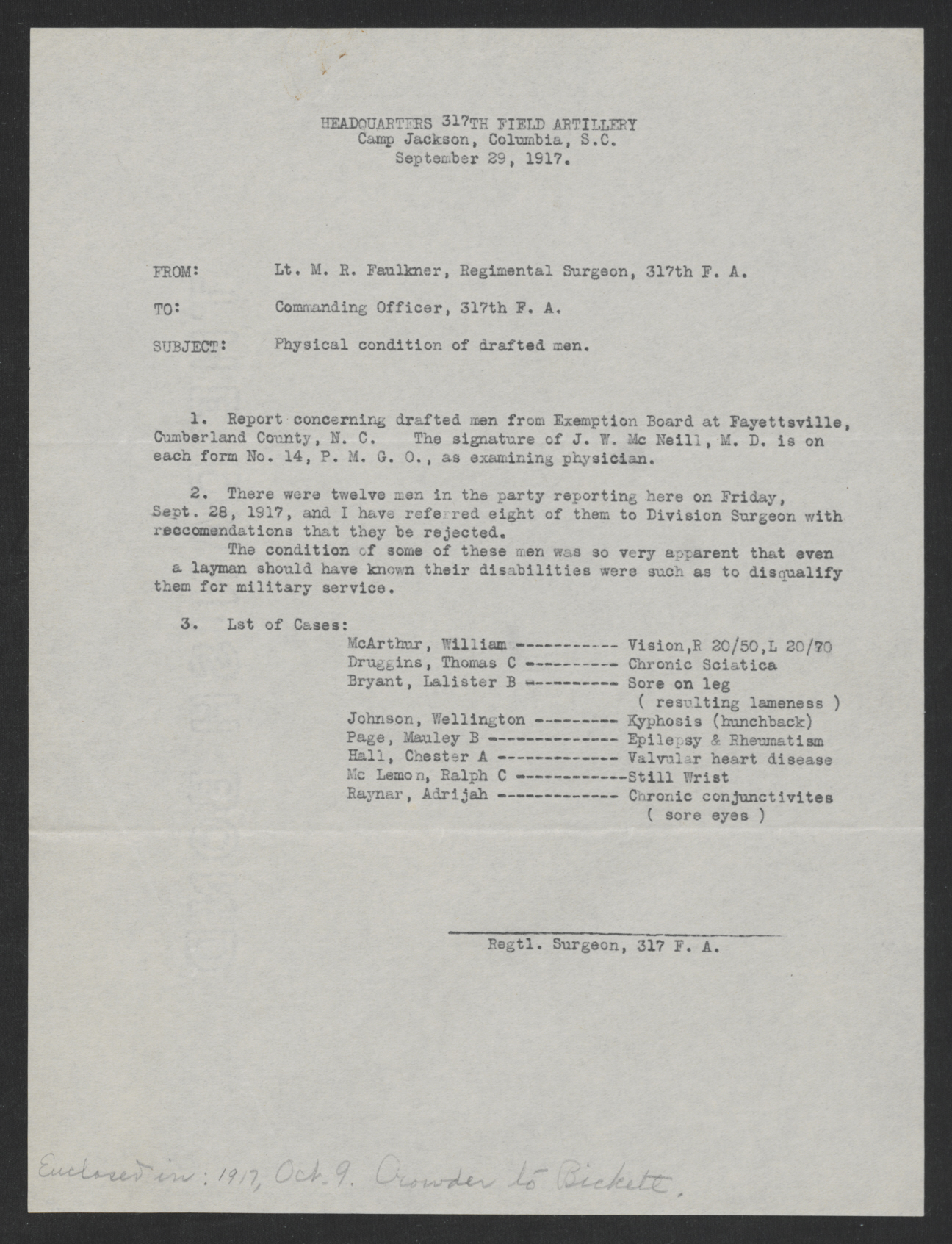 Letter Enoch H. Crowder to Thomas W. Bickett, October 9, 1917