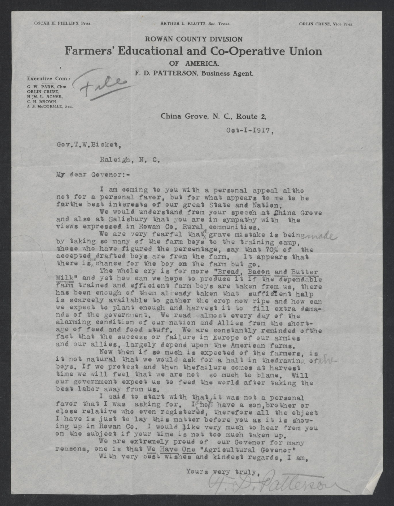Letter from Franklin D. Patterson to Thomas W. Bickett, October 1, 1917
