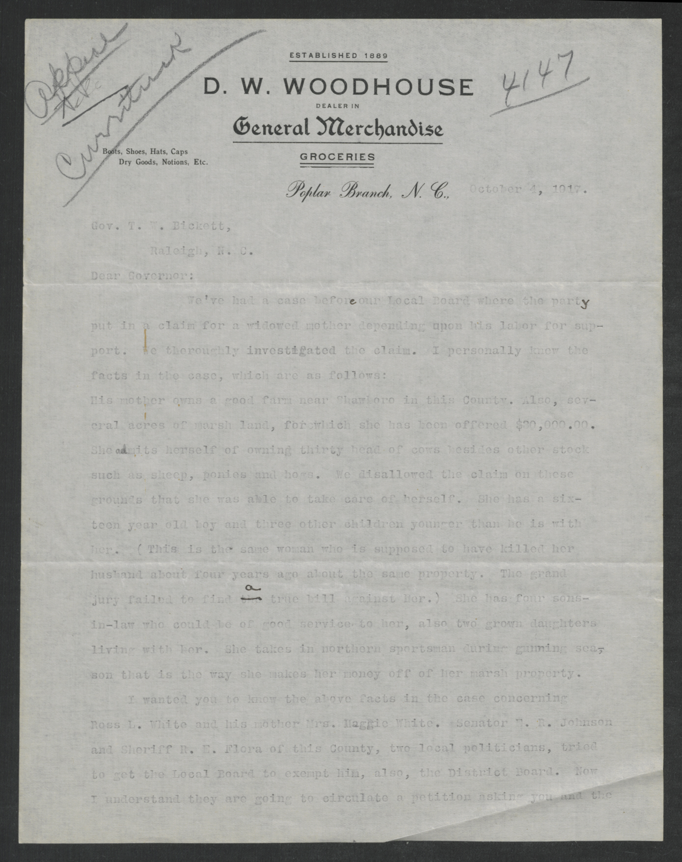 Letter from Daniel W. Woodhouse to Thomas W. Bickett, October 4, 1917, page 1