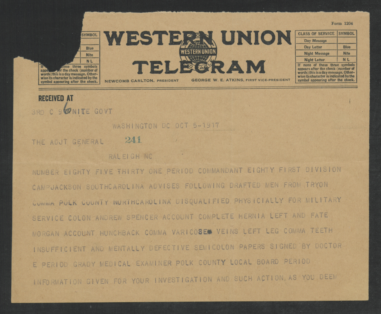 Telegram from Enoch H. Crowder to Laurence W. Young, October 5, 1917, page 1