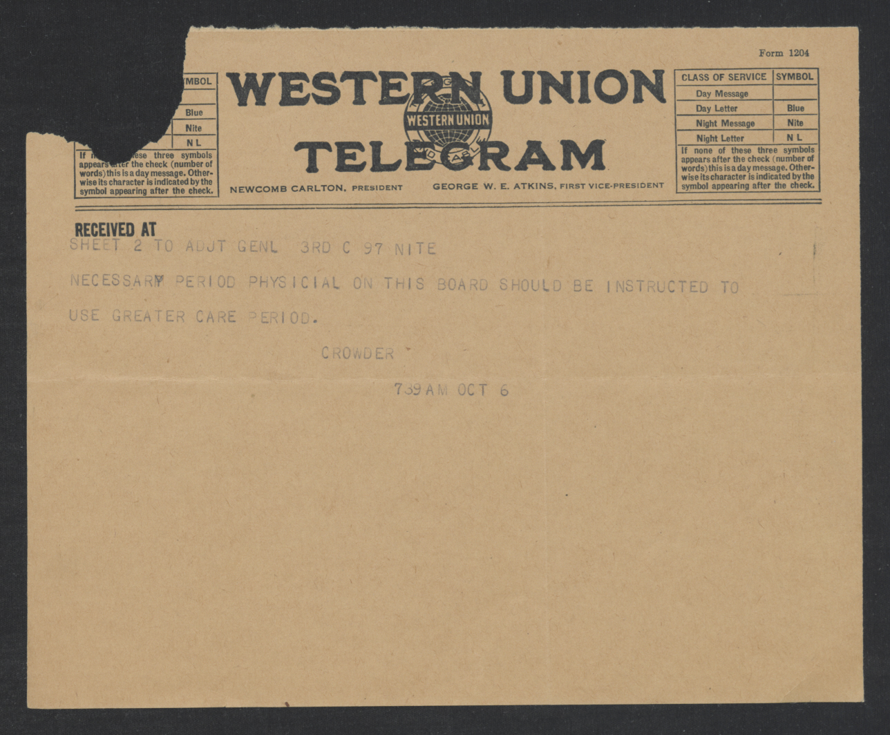 Telegram from Enoch H. Crowder to Laurence W. Young, October 5, 1917, page 2