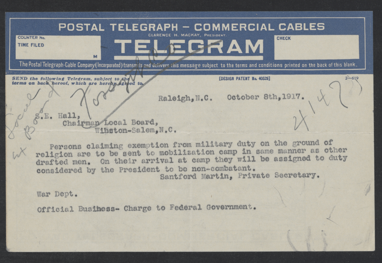 Telegram from Santford Martin to Shirley E. Hall, October 8, 1917