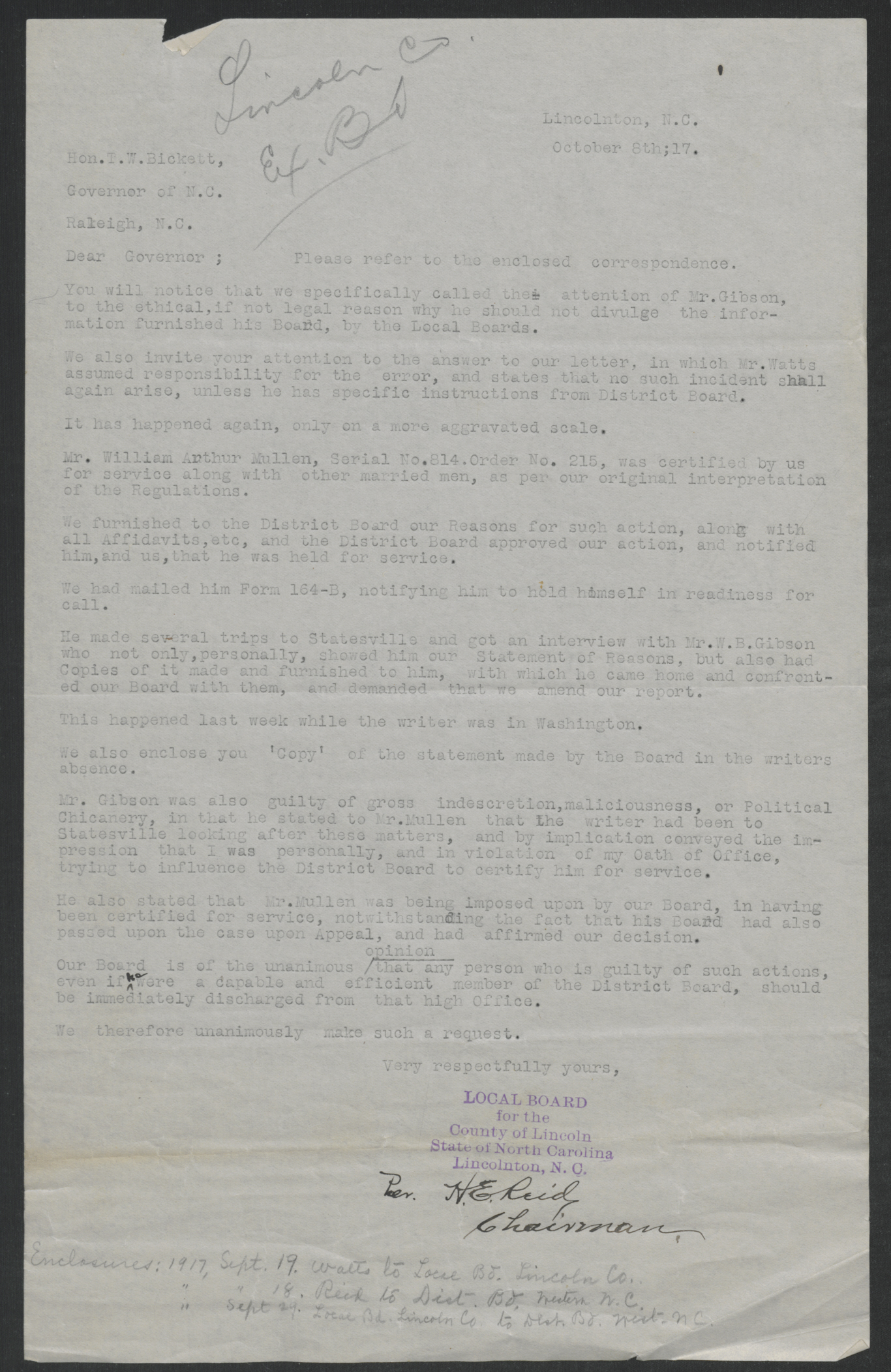Letter from Harry E. Reid to Thomas W. Bickett, October 8, 1917