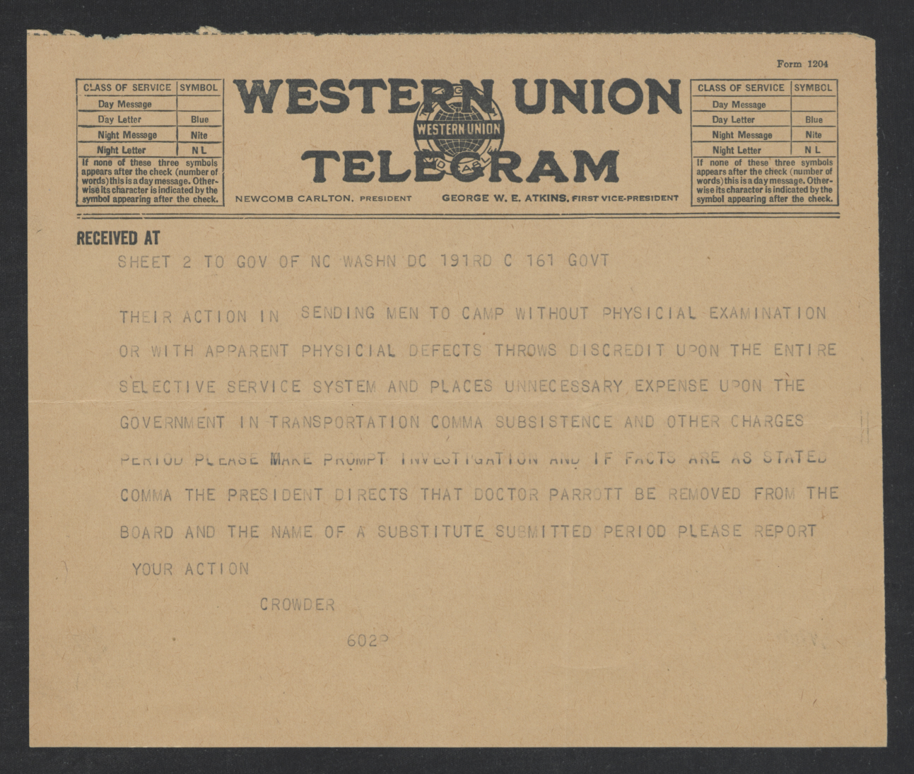 Telegram from Enoch H. Crowder to Thomas W. Bickett, October 9, 1917, page 2