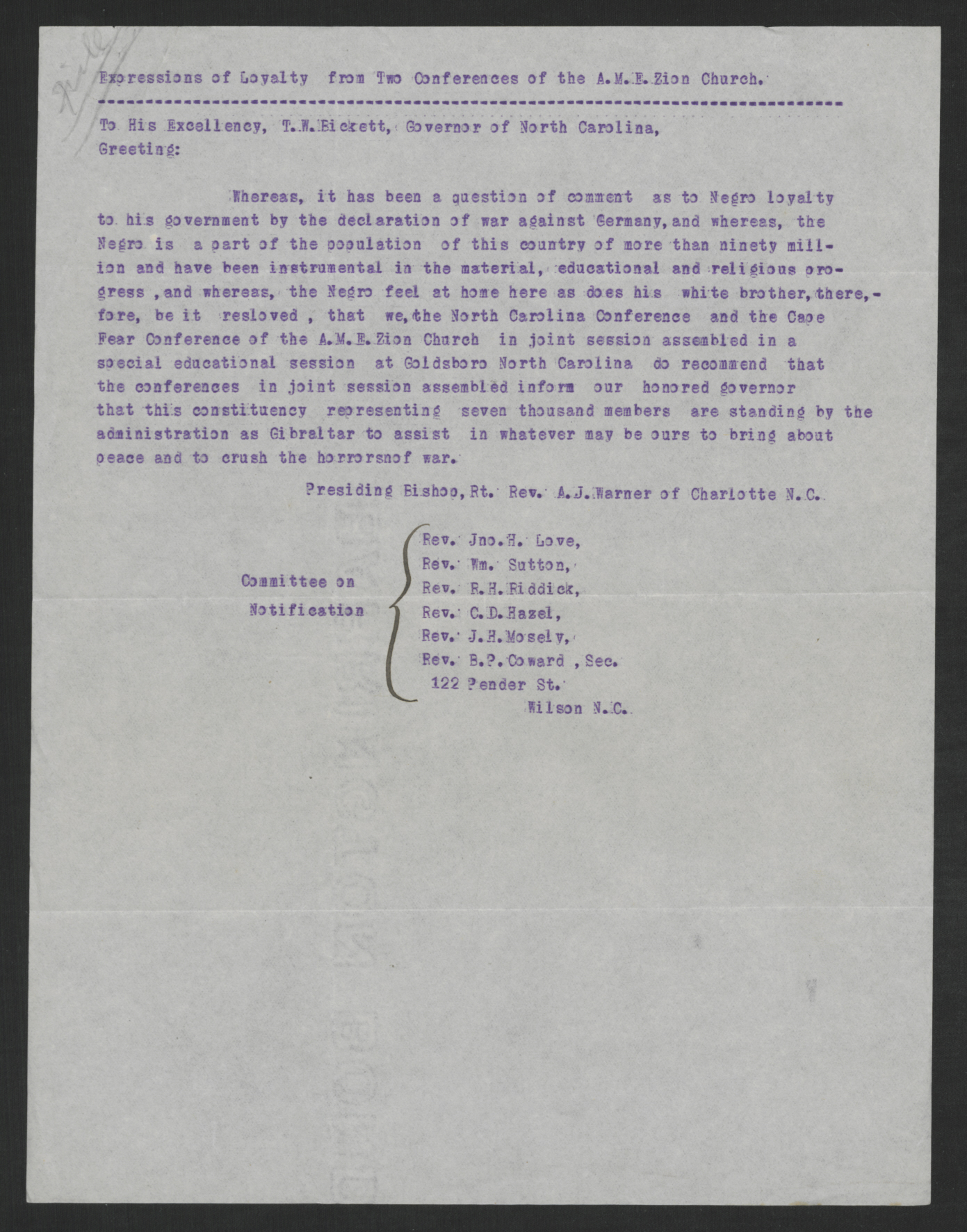 Resolution by Two Conferences of the A. M. E. Zion Church, Circa 1917