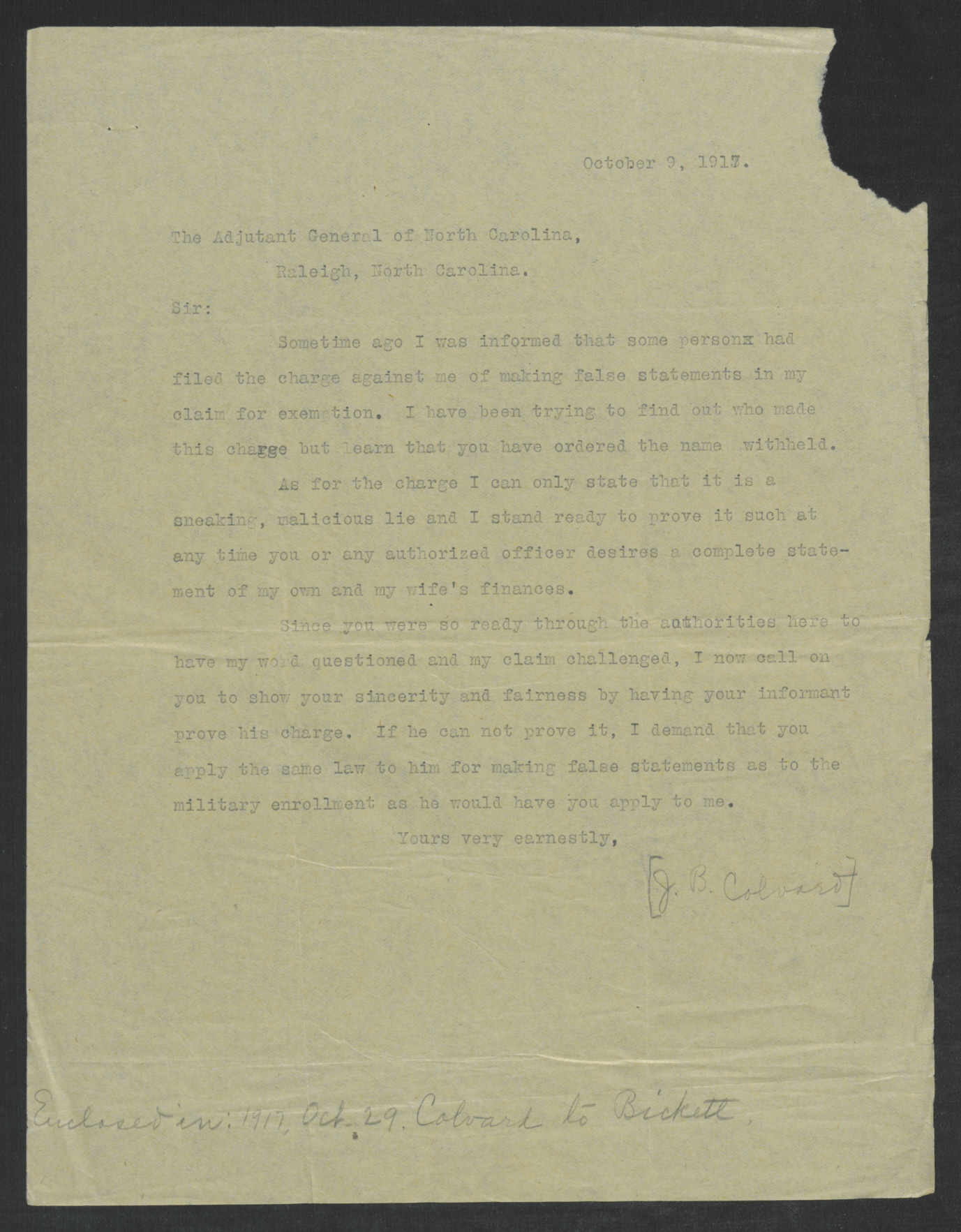 Letter from Joseph B. Colvard to Laurence W. Young, October 9, 1917