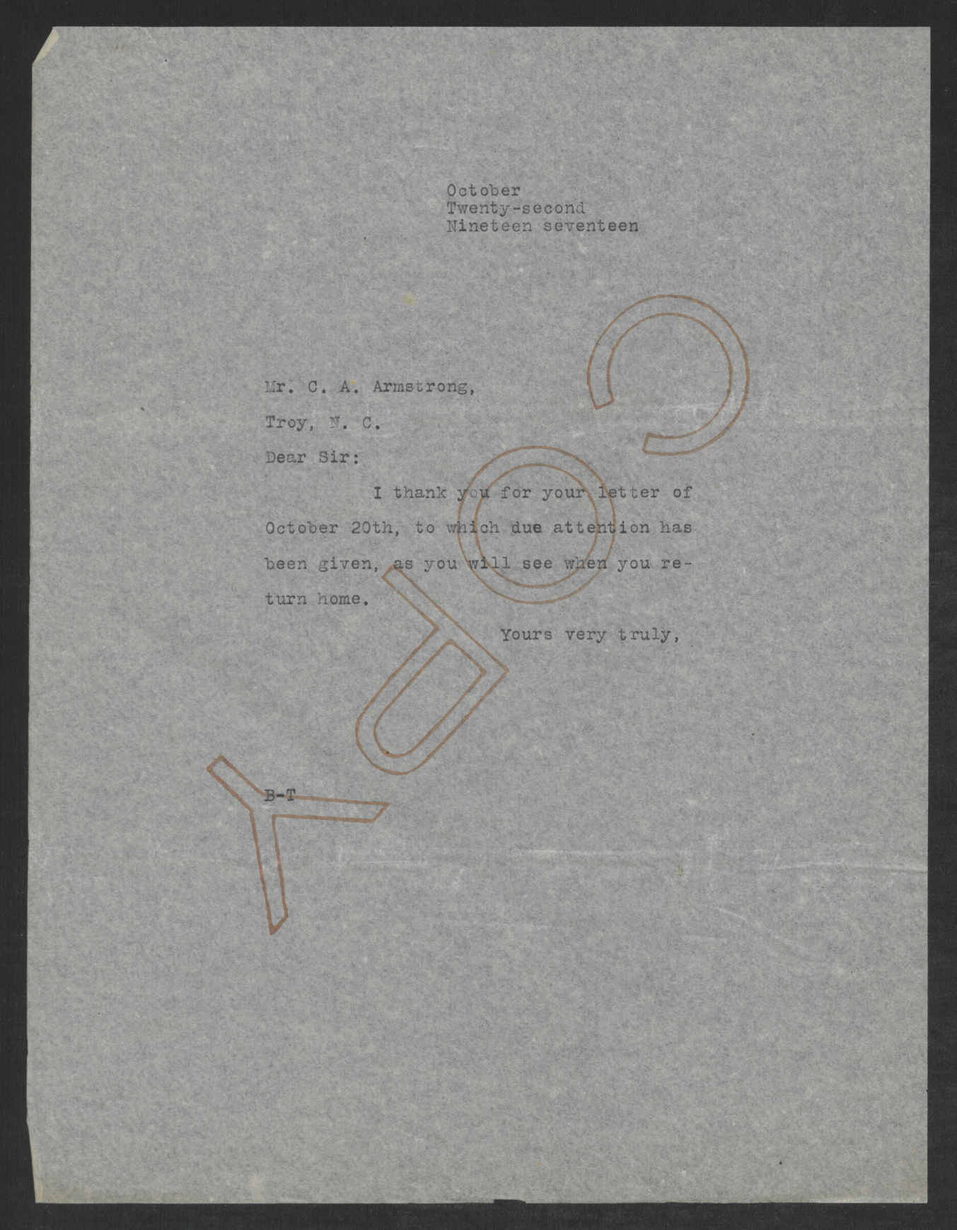Letter from Thomas W. Bickett to Charles A. Armstrong, October 22, 1917