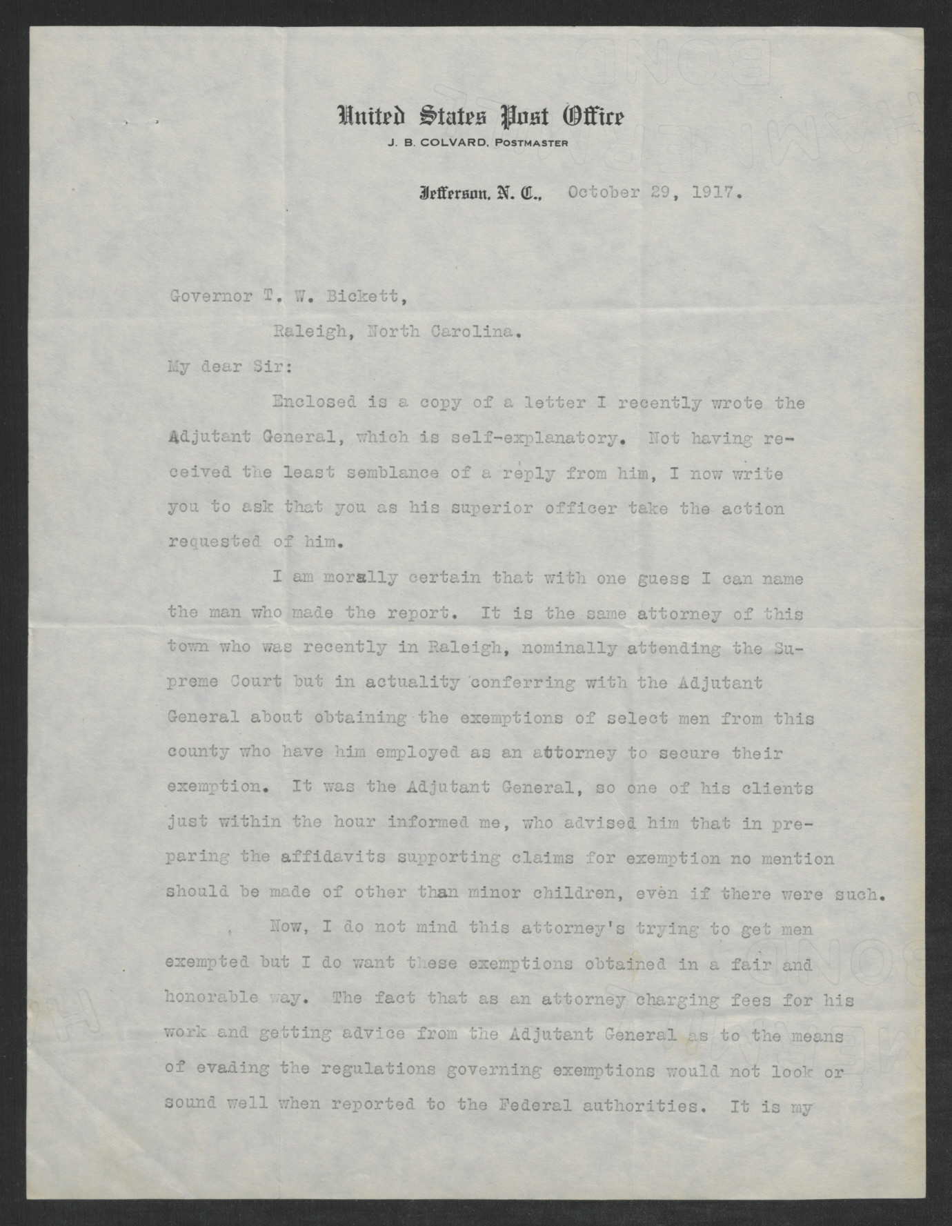 Letter from Joseph B. Colvard to Thomas W. Bickett, October 29, 1917, page 1