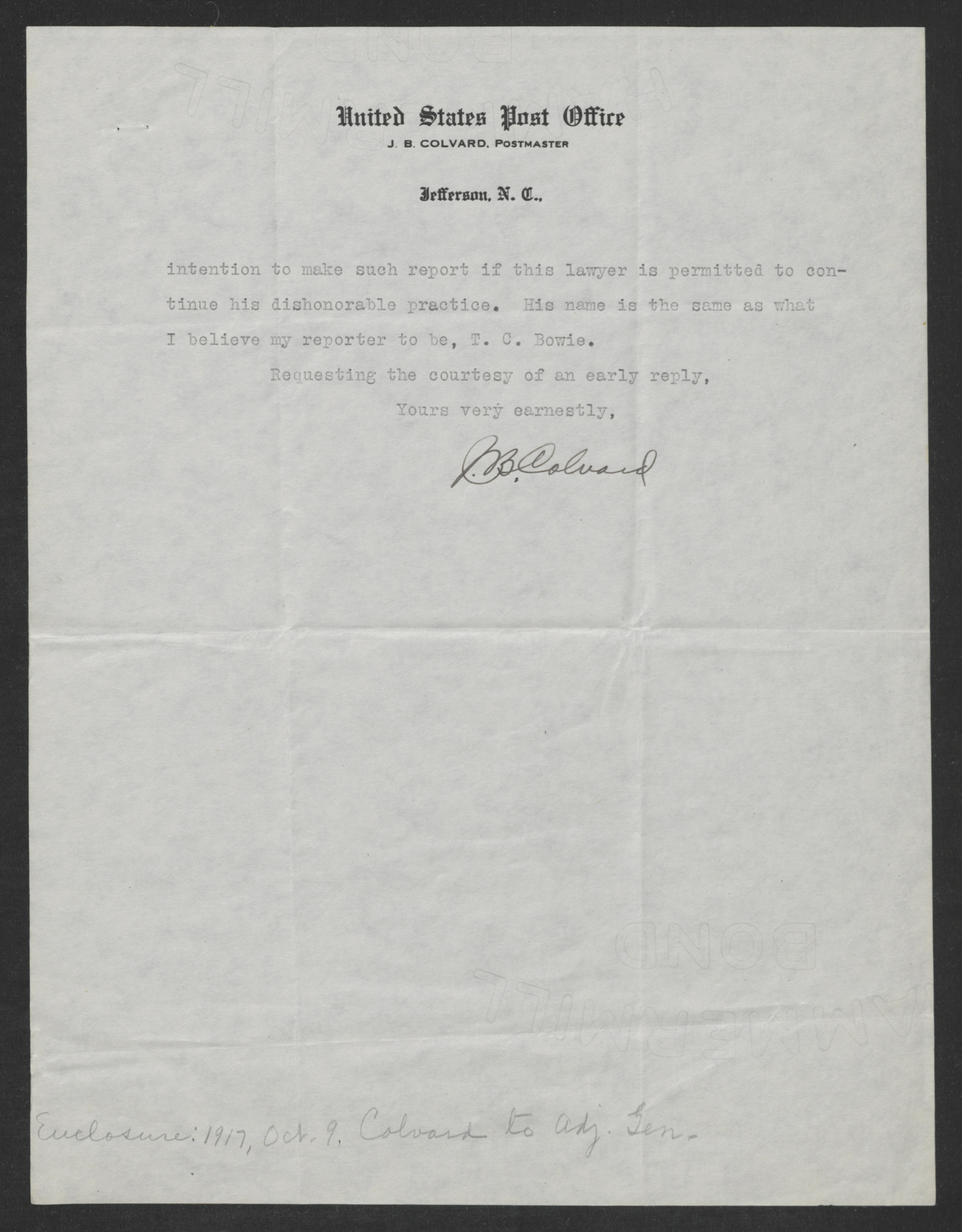 Letter from Joseph B. Colvard to Thomas W. Bickett, October 29, 1917, page 2