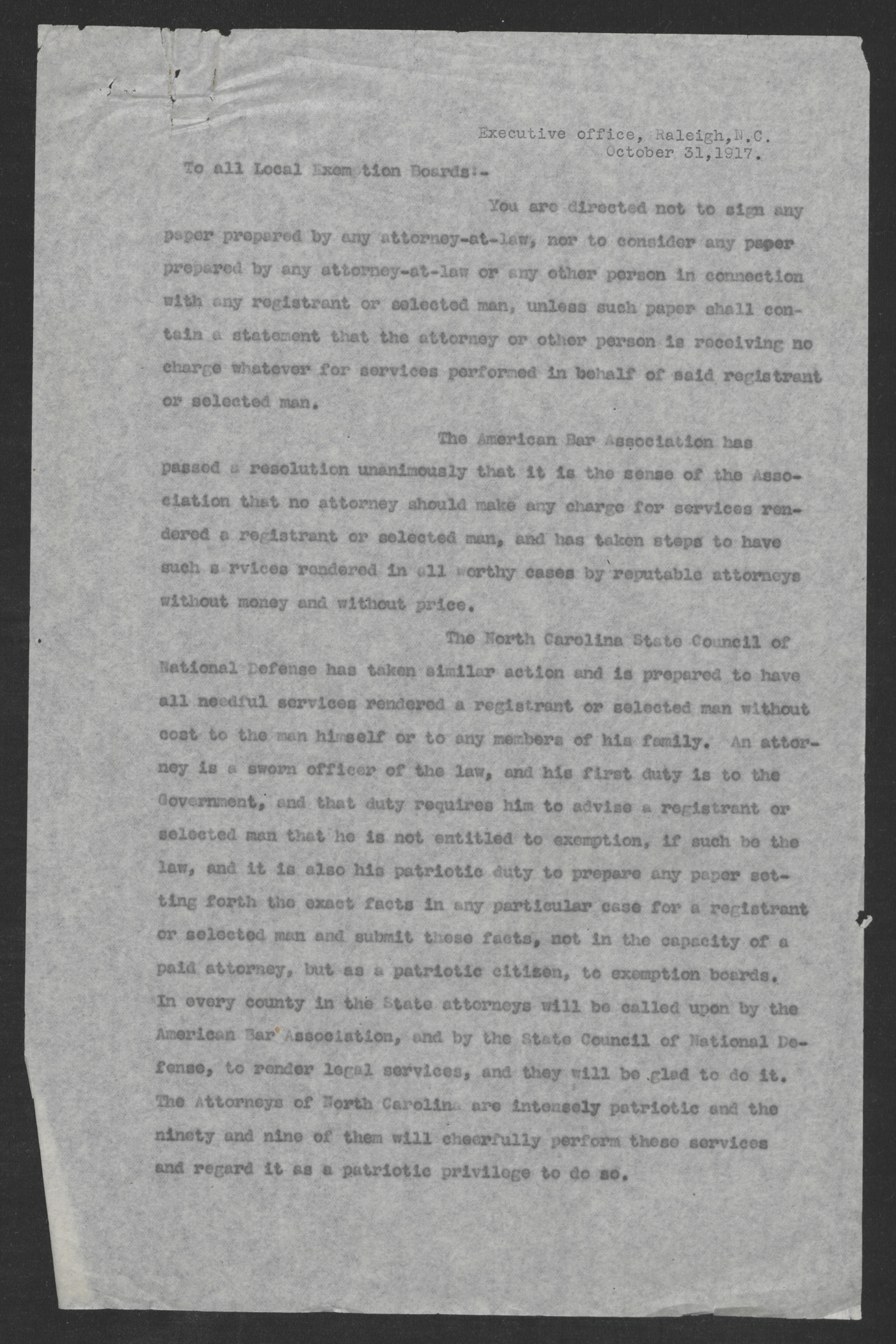 Letter from Thomas W. Bickett to All Local Exemption Boards, October 31, 1917, page 1