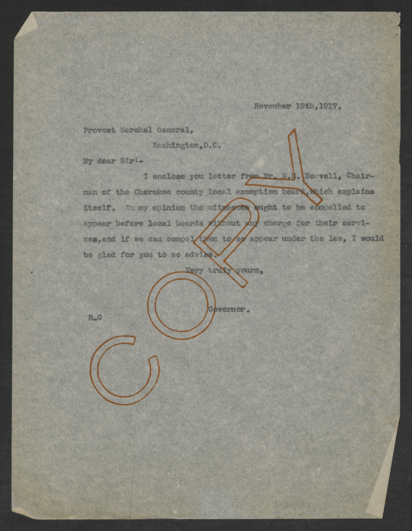 Letter from Thomas W. Bickett to Enoch H. Crowder, November 12, 1917