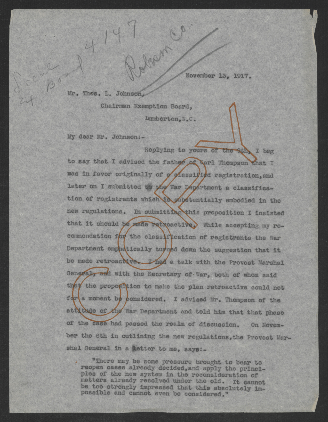 Letter from Thomas W. Bickett to Thomas L. Johnson, November 13, 1917, page 1