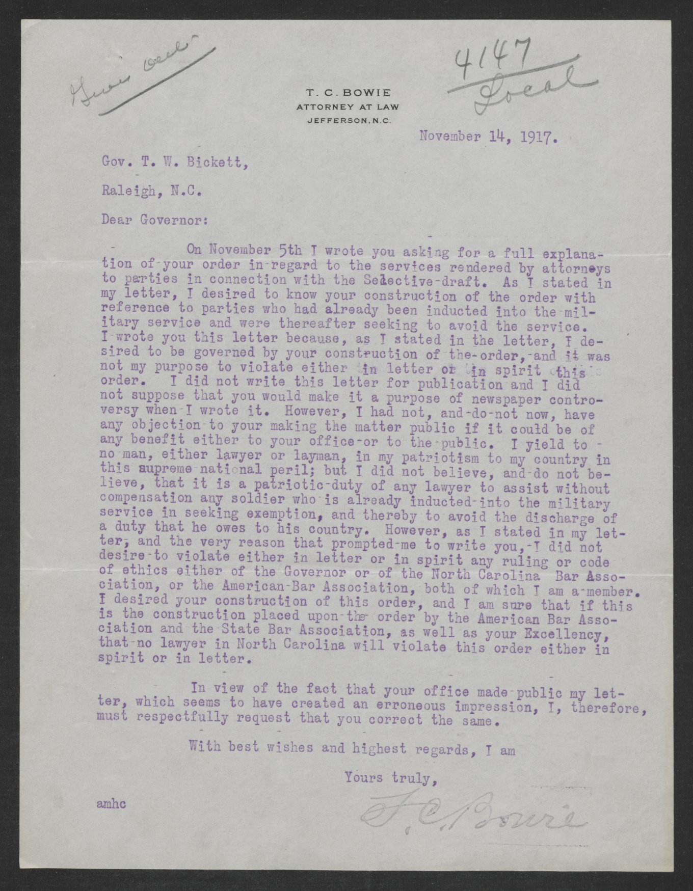 Letter from Thomas C. Bowie to Thomas W. Bickett, November 14, 1917