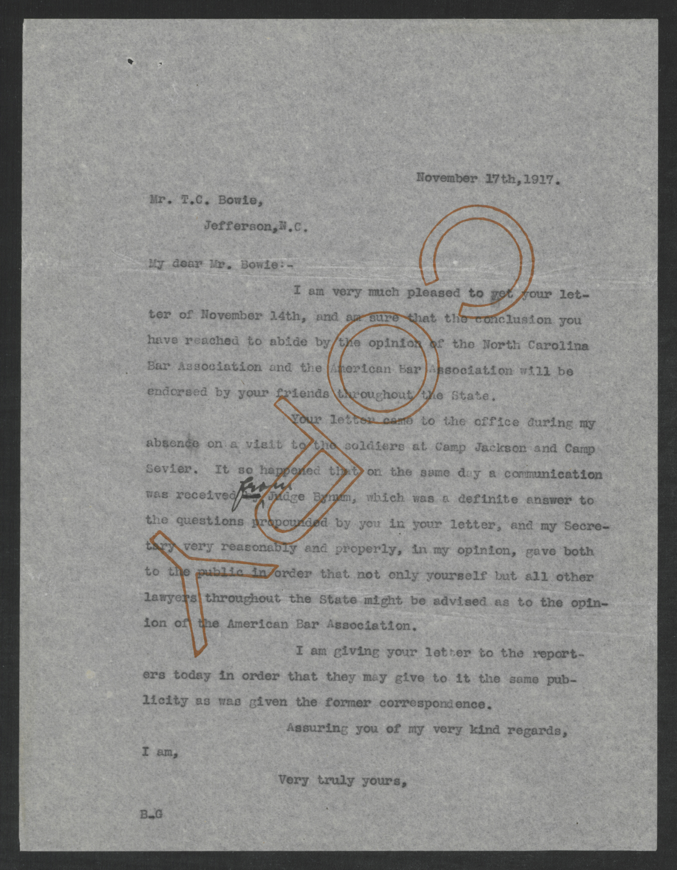 Letter from Thomas W. Bickett to Thomas C. Bowie, November 17, 1917
