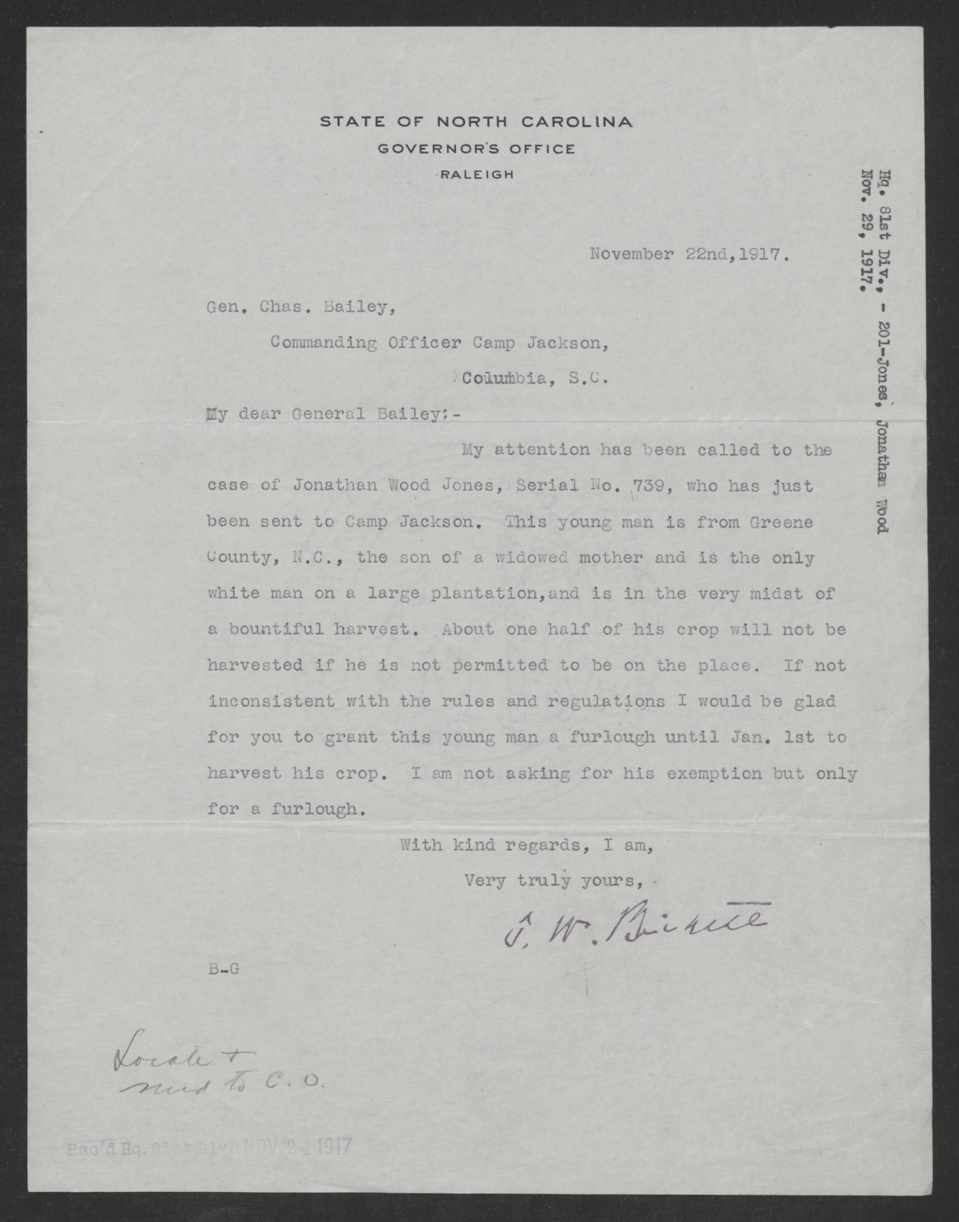 Letter from Thomas W. Bickett to Charles J. Bailey, November 22, 1917