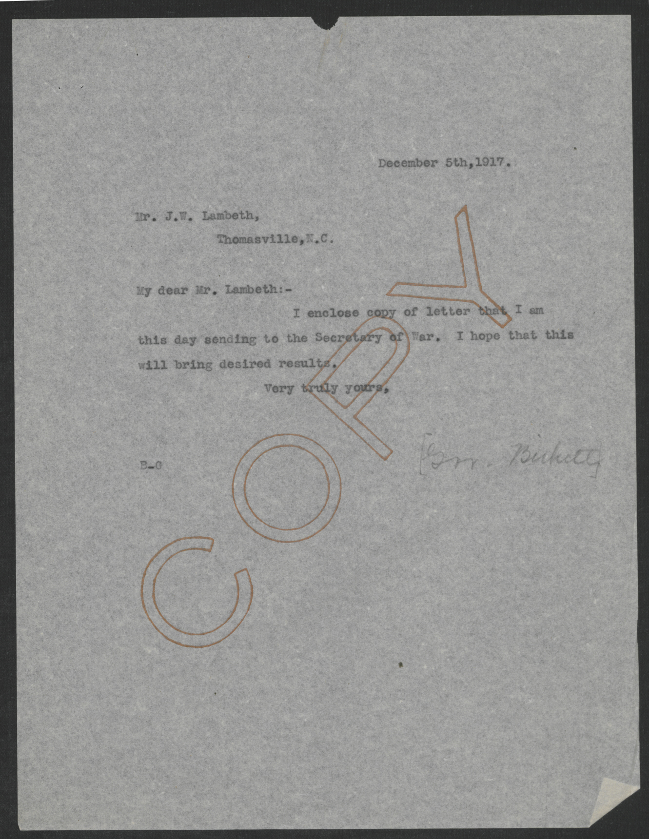 Letter from Thomas W. Bickett to John W. Lambeth, December 5, 1917