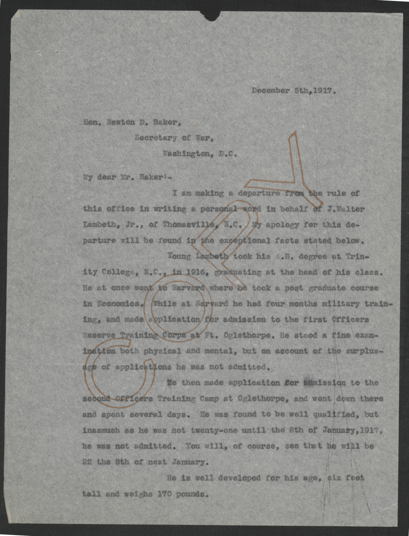 Letter from Thomas W. Bickett to Newton D. Baker, December 5, 1917, page 1