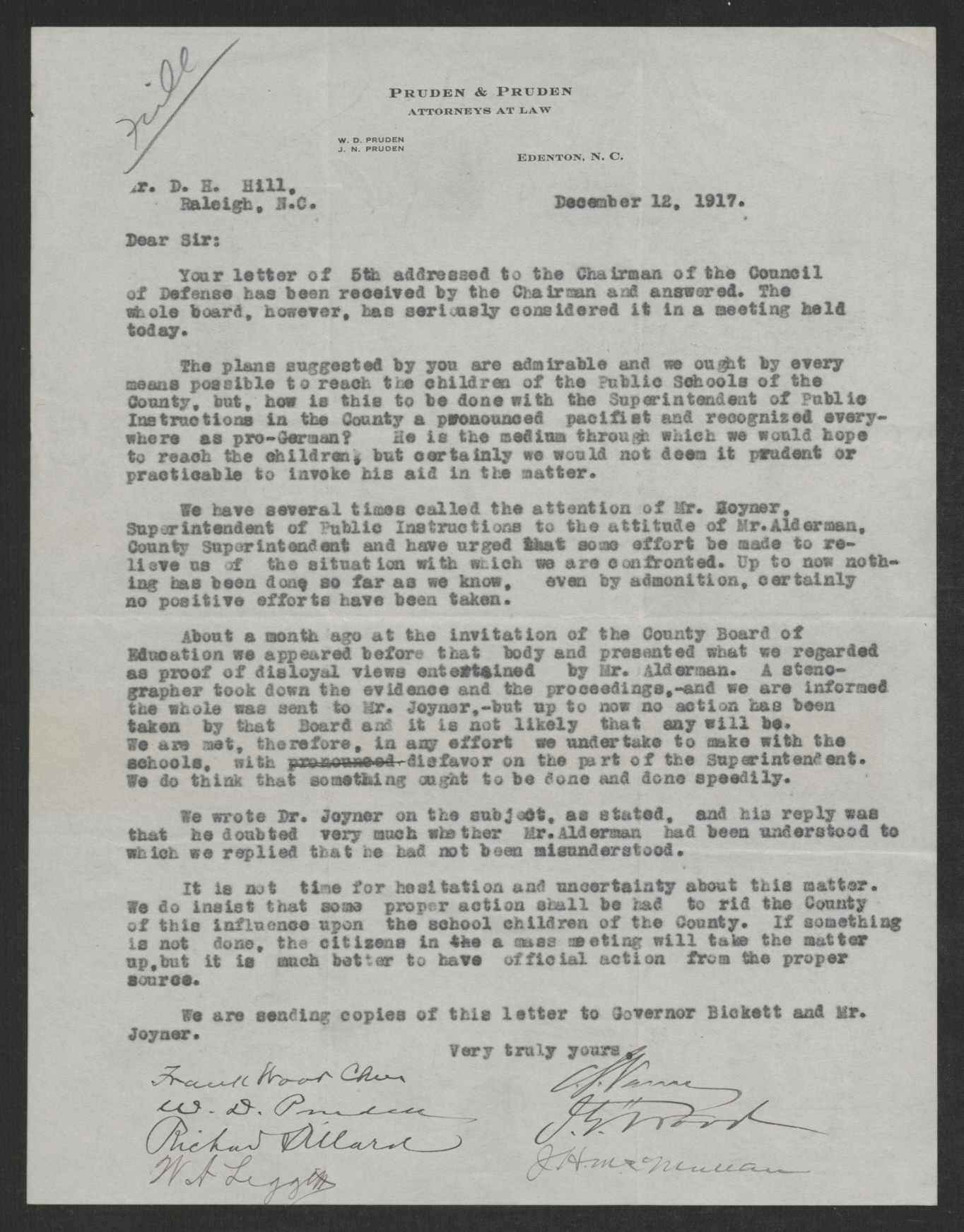 Letter from Frank Wood and others to Daniel H. Hill, December 12, 1917