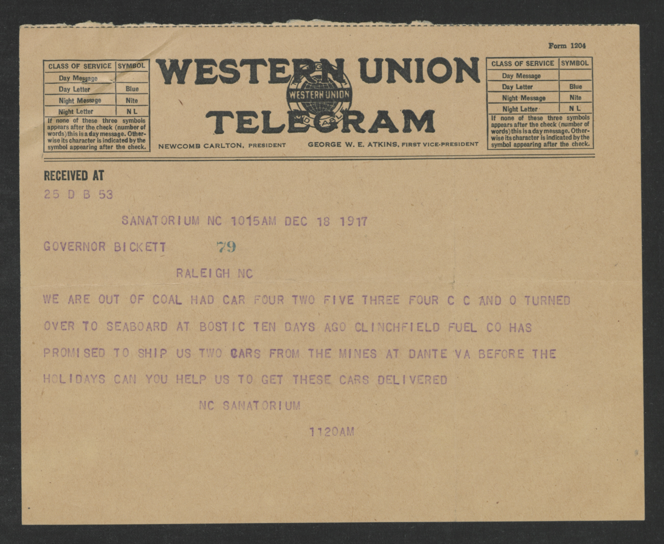 Telegram from State Sanatorium to Thomas W. Bickett, December 18, 1917