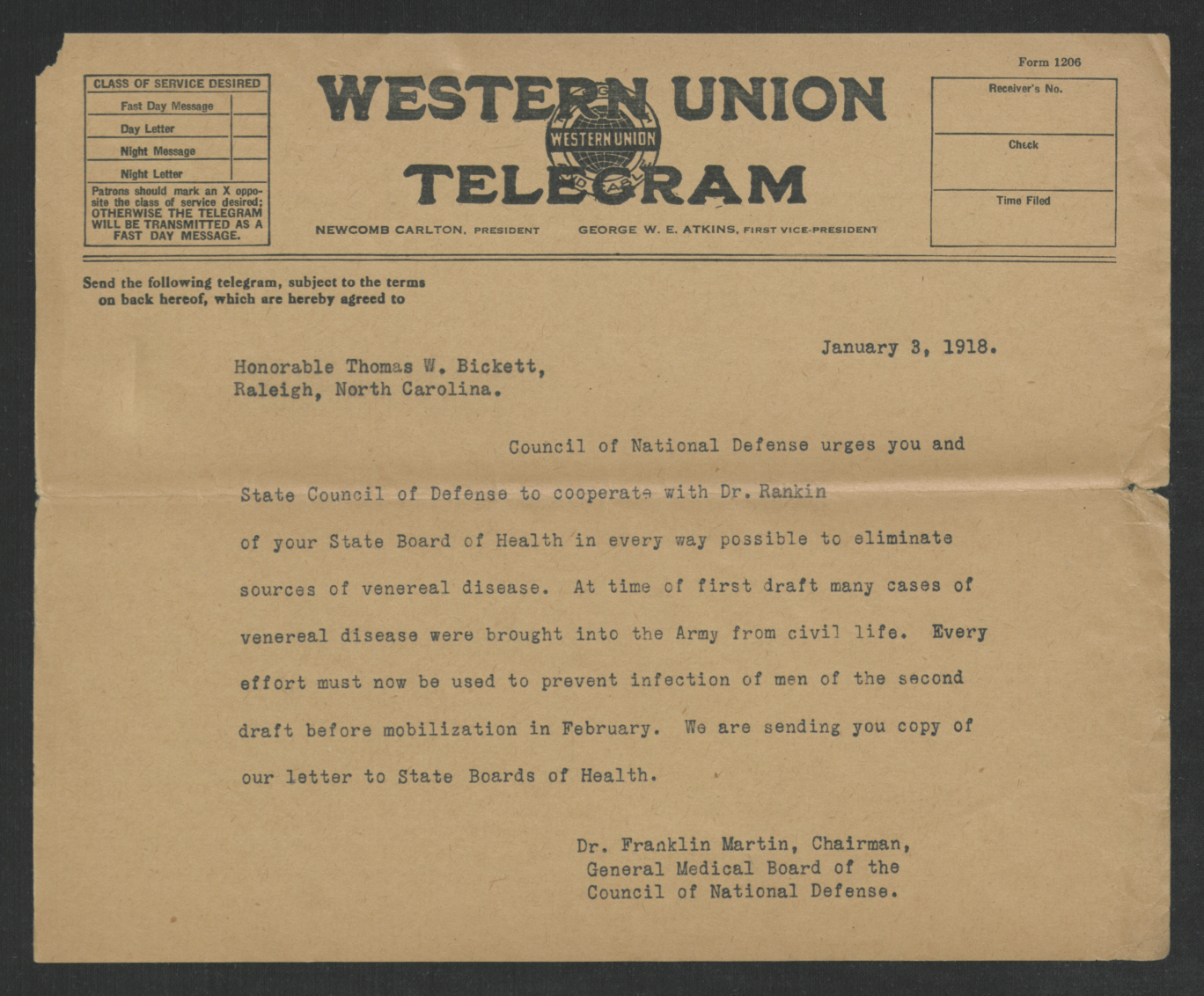 Telegram from Franklin H. Martin to Thomas W. Bickett, January 3, 1918