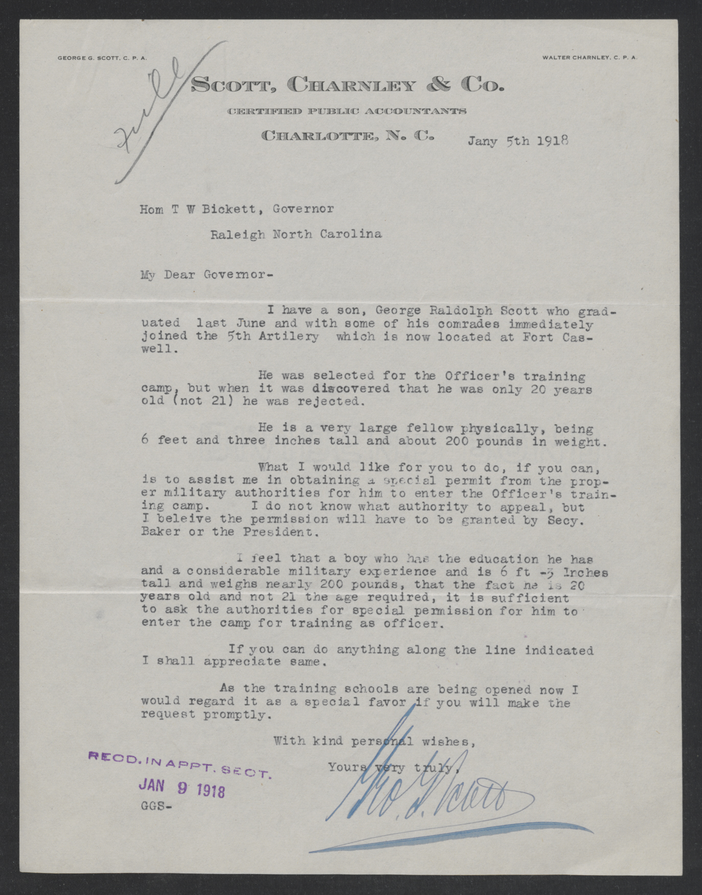 Letter from George G. Scott to Thomas W. Bickett, January 5, 1918