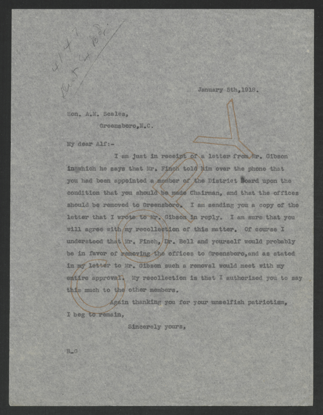 Letter from Thomas W. Bickett to Alfred M. Scales, January 5, 1918