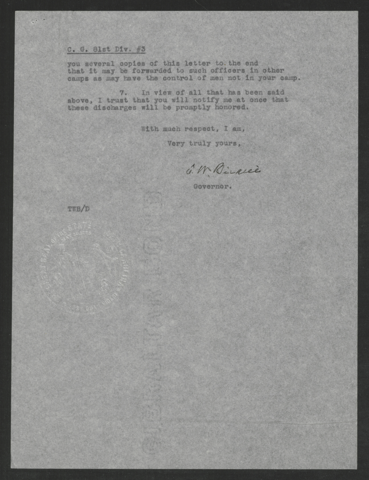 Letter from Thomas W. Bickett to the Commanding General of the 81st Division, January 7, 1918, page 3