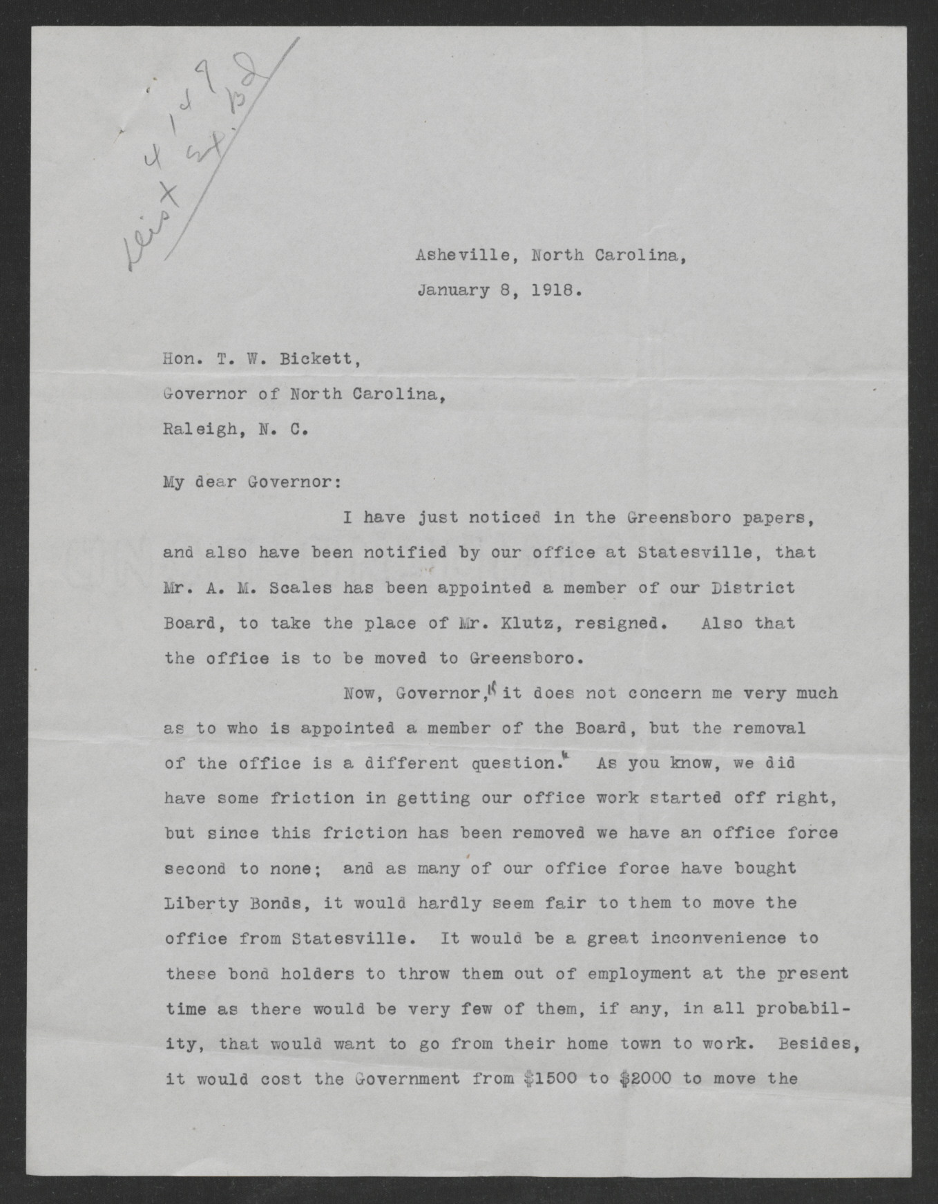 Letter from Otto R. Jarrett to Thomas W. Bickett, January 8, 1918, page 1