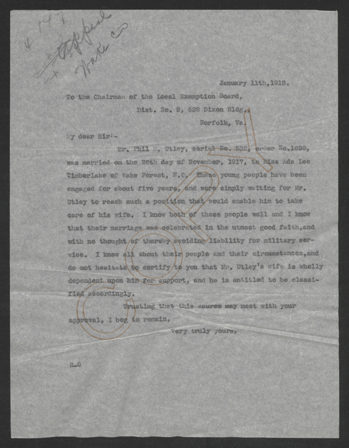 Letter from Thomas W. Bickett to the Chairman of the Local Exemption Board in Norfolk, January 11, 1918