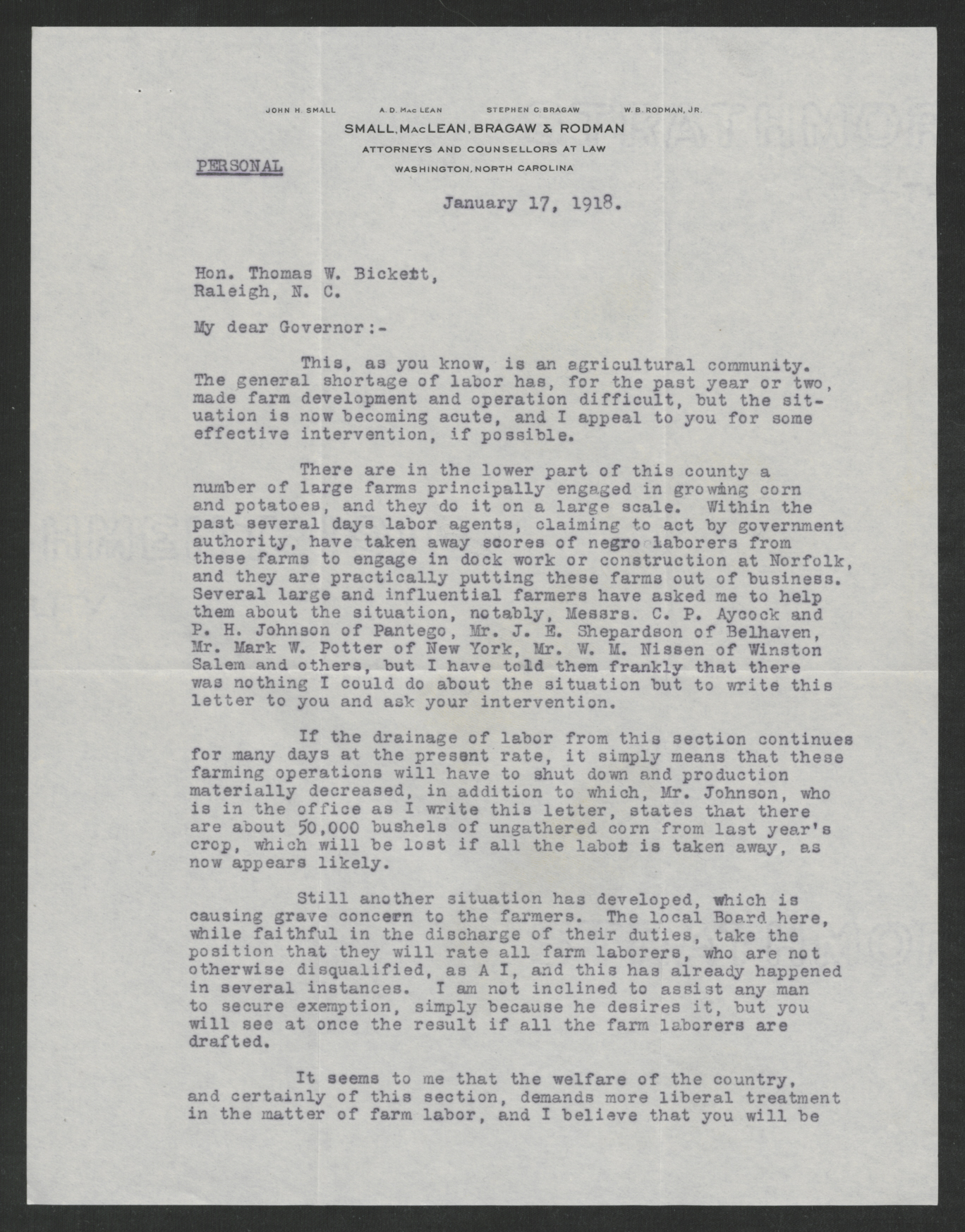 Letter from Angus D. MacLean to Thomas W. Bickett, January 17, 1918, page 1
