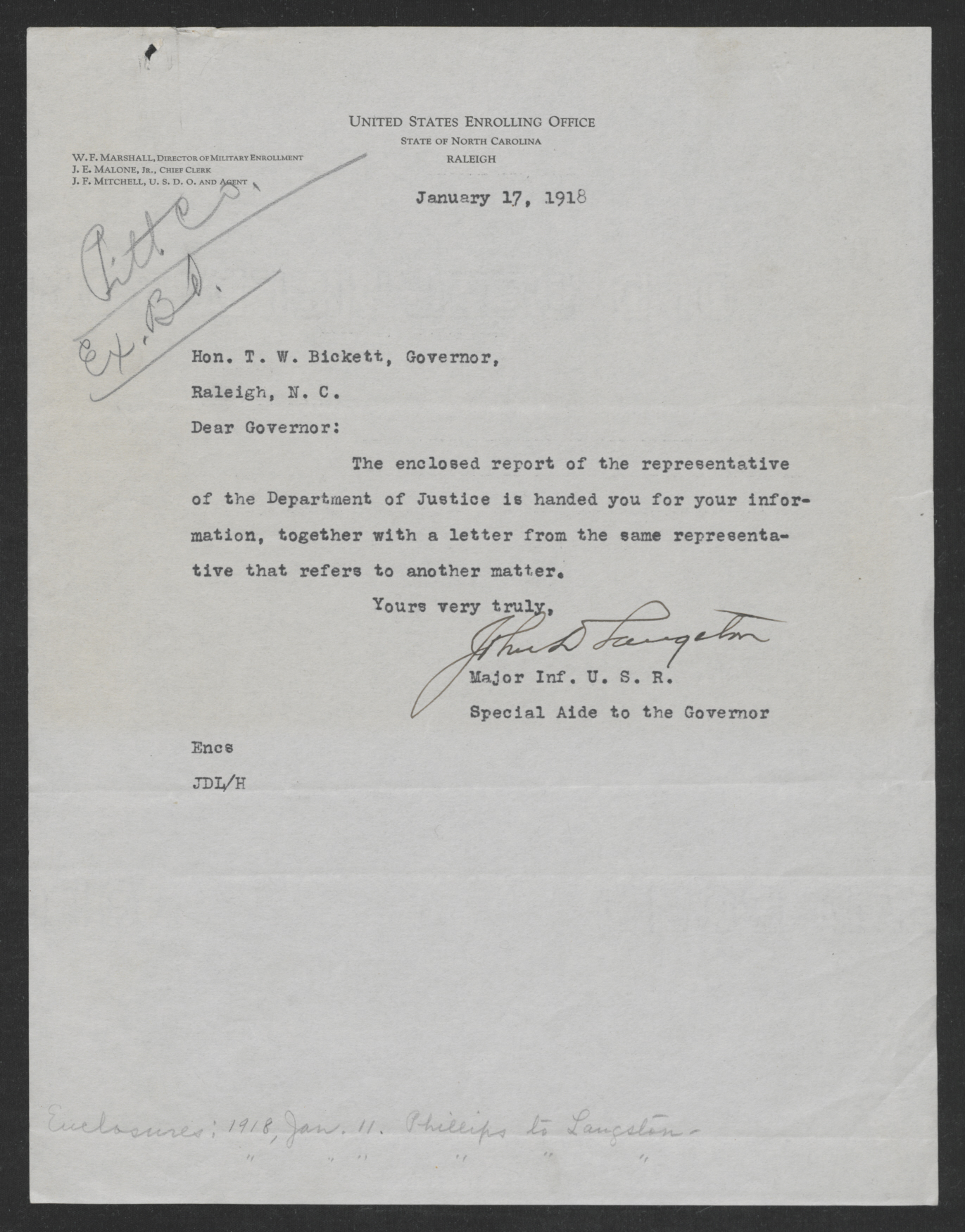 Letter from John D. Langston to Thomas W. Bickett, January 17, 1918