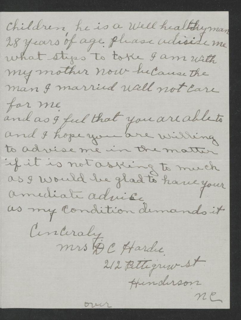 Letter from Mrs. David C. Hardee to Thomas W. Bickett, January 20, 1918, page 2