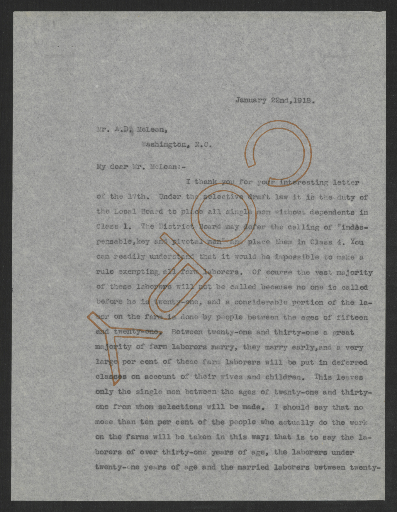 Letter from Thomas W. Bickett to Angus D. MacLean, January 22, 1918, page 1