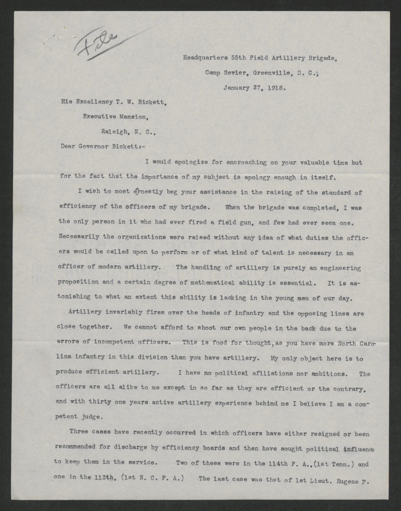 Letter from George G. Gatley to Thomas W. Bickett, January 27, 1918, page 1
