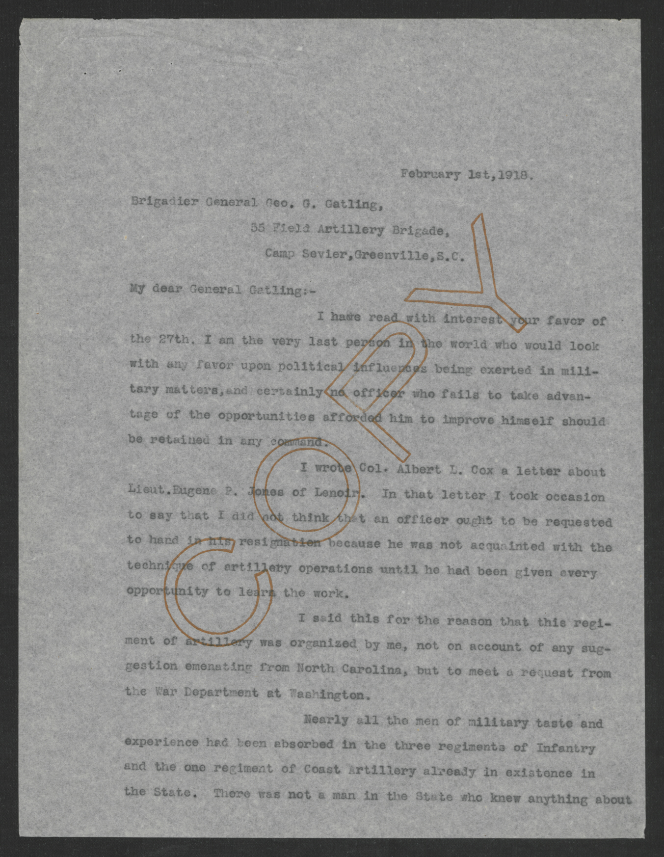 Letter from Thomas W. Bickett to George G. Gatley, February 1, 1918, page 1