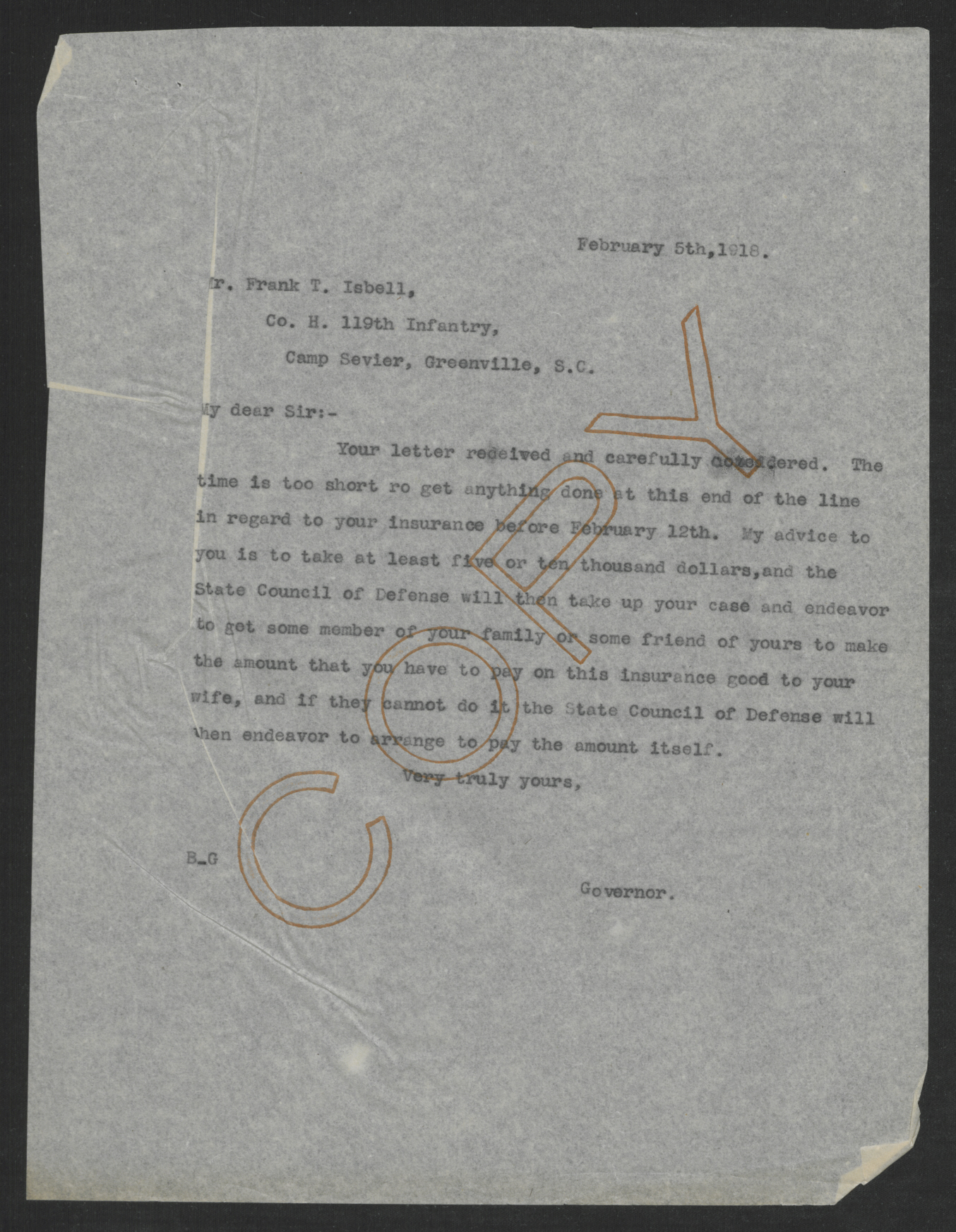 Letter from Thomas W. Bickett to Frank T. Isbell, February 5, 1918