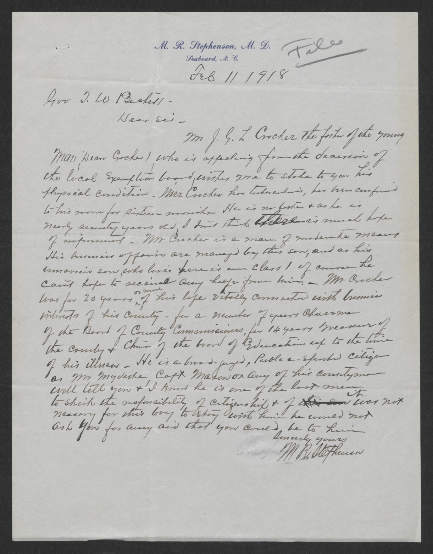 Letter from Matt R. Stephenson to Thomas W. Bickett, February 11, 1918