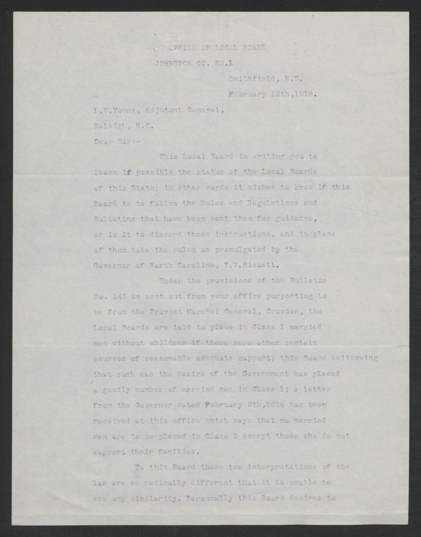 Letter from Lacy D. Wharton to Laurence W. Young, February 12, 1918, page 1