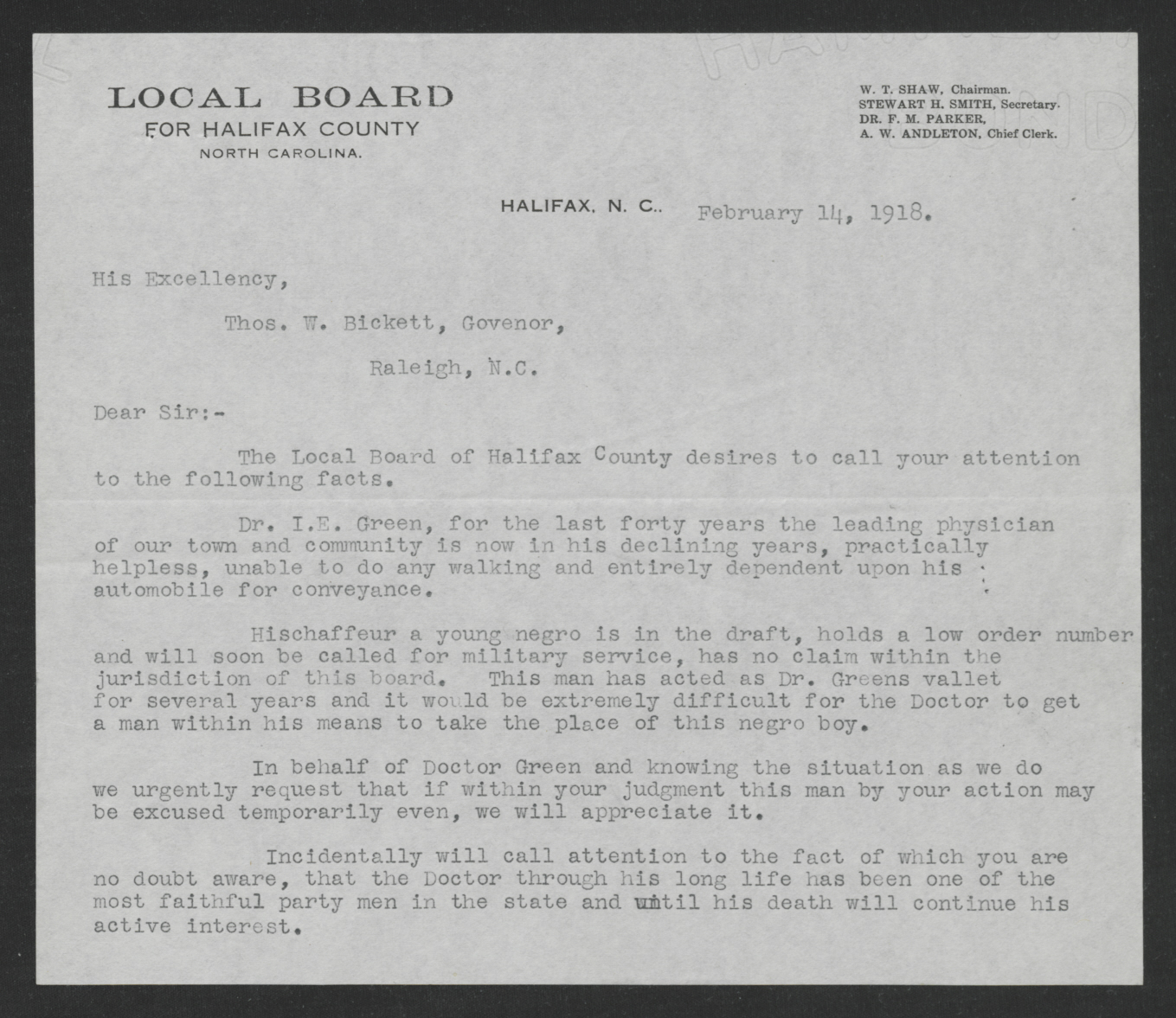 Letter from the Halifax County Exemption Board to Thomas W. Bickett, February 14, 1918, page 1