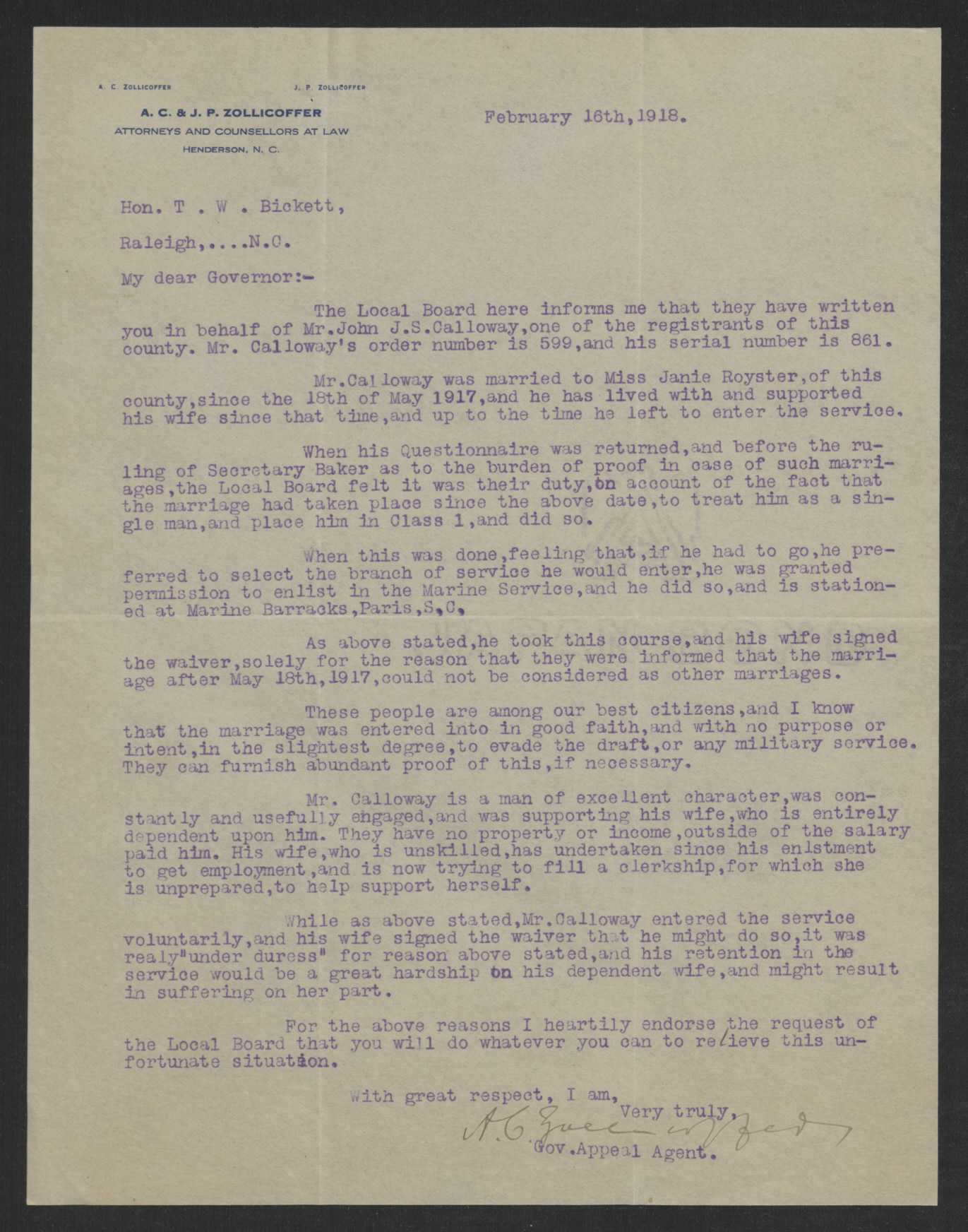 Letter from Allison C. Zollicoffer to Thomas W. Bickett, February 16, 1918