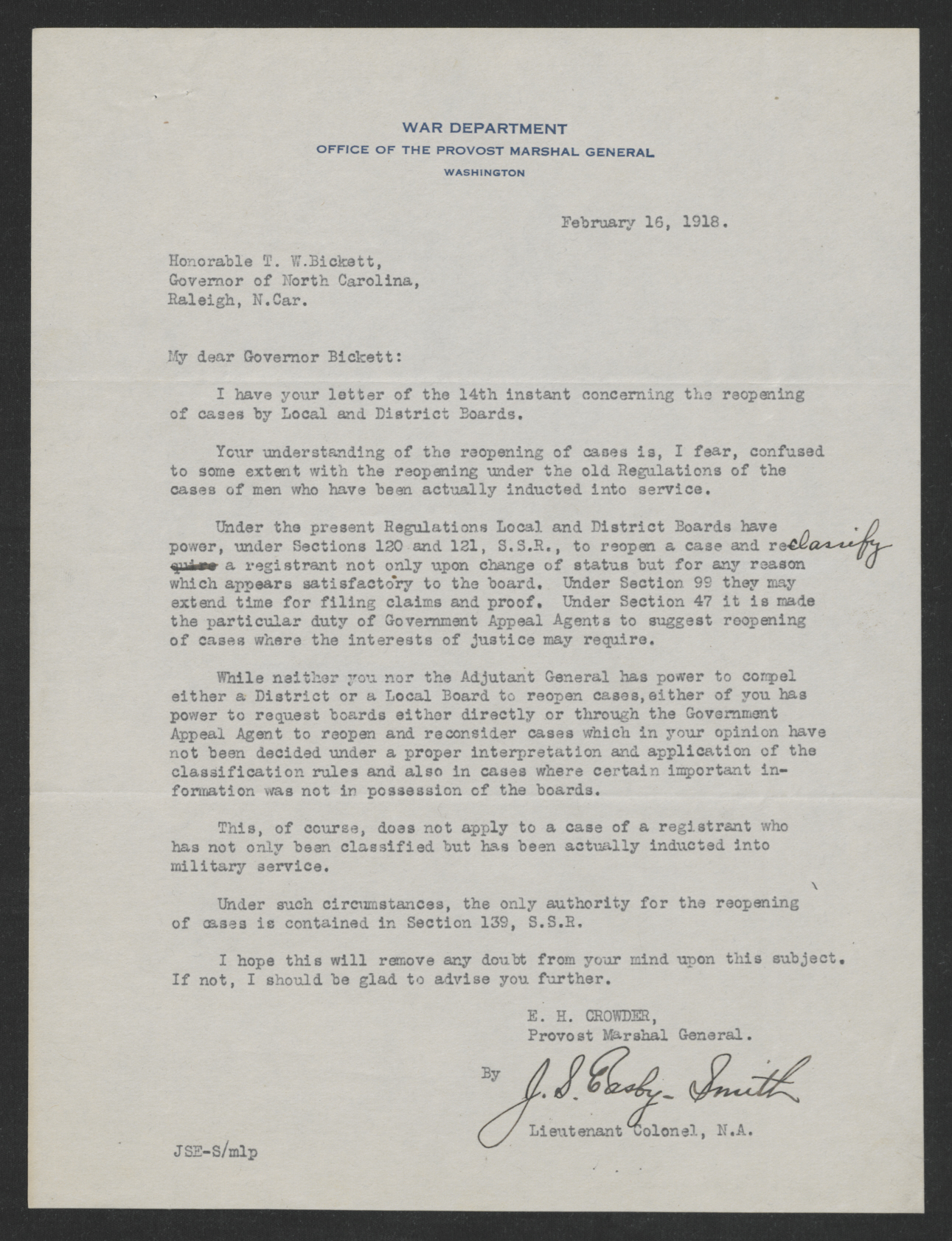 Letter from Enoch H. Crowder and James S. Easby-Smith to Thomas W. Bickett, February 16, 1918