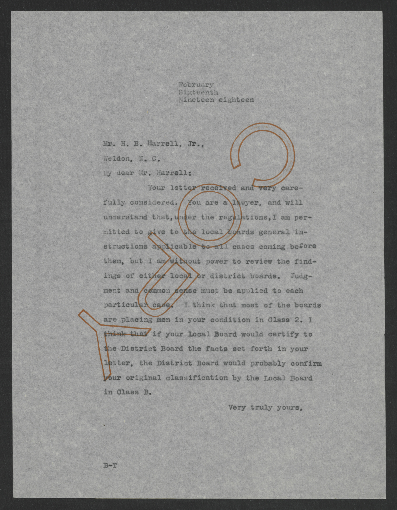 Letter from Thomas W. Bickett to Herbert B. Harrell, Jr., February 16, 1918