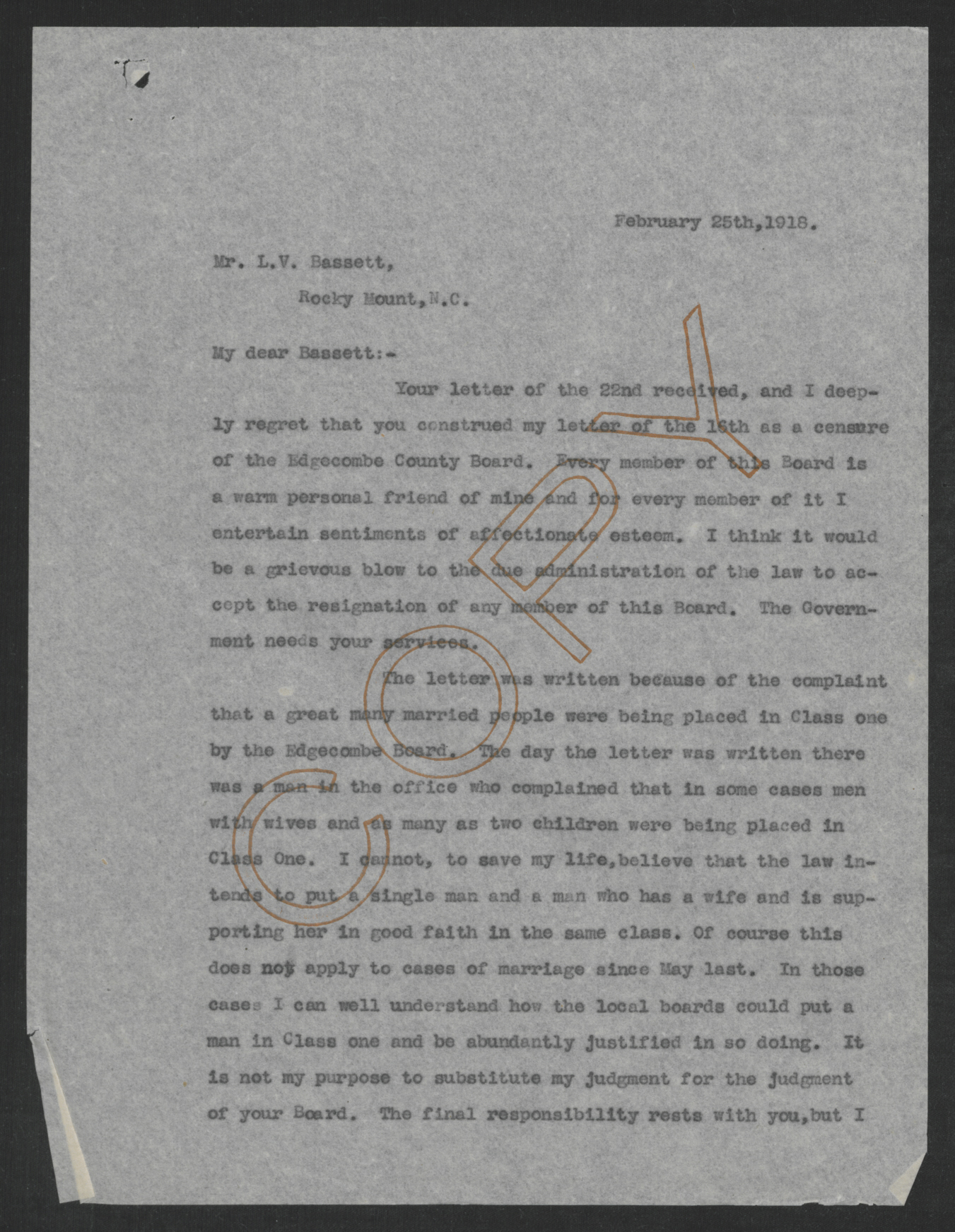 Letter from Thomas W. Bickett to Lucius V. Bassett, February 25, 1918, page 1