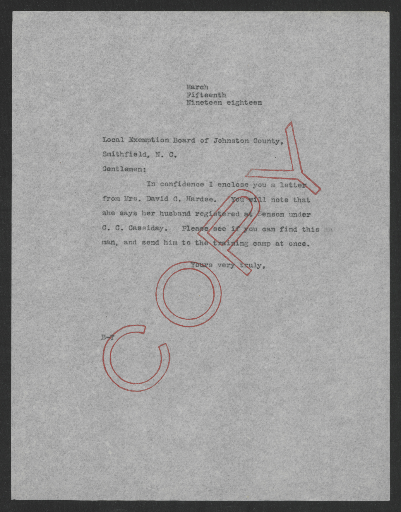 Letter from Thomas W. Bickett to the Johnston County Exemption Board, March 15, 1918