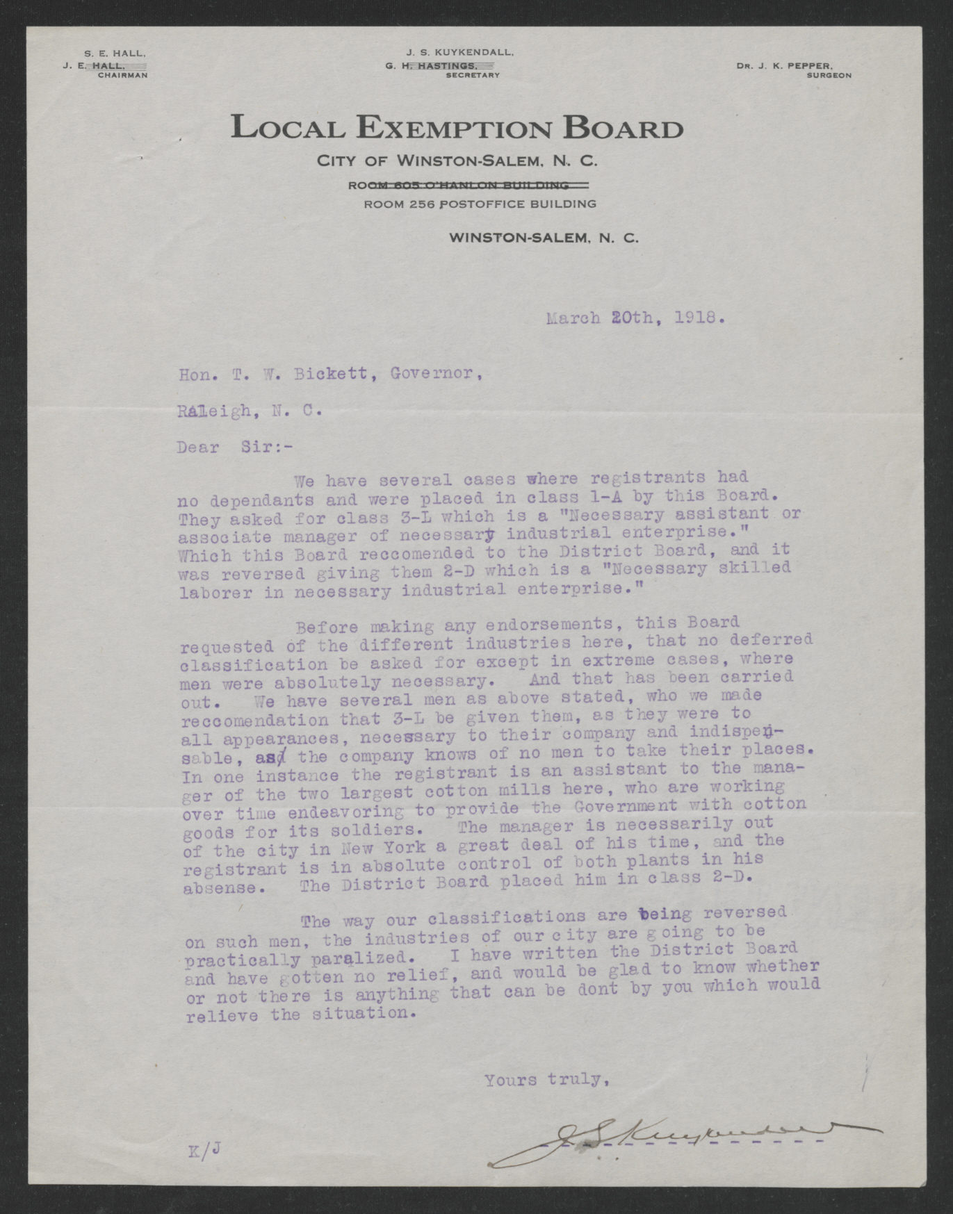 Letter from James S. Kuykendall to Thomas W. Bickett, March 20, 1918